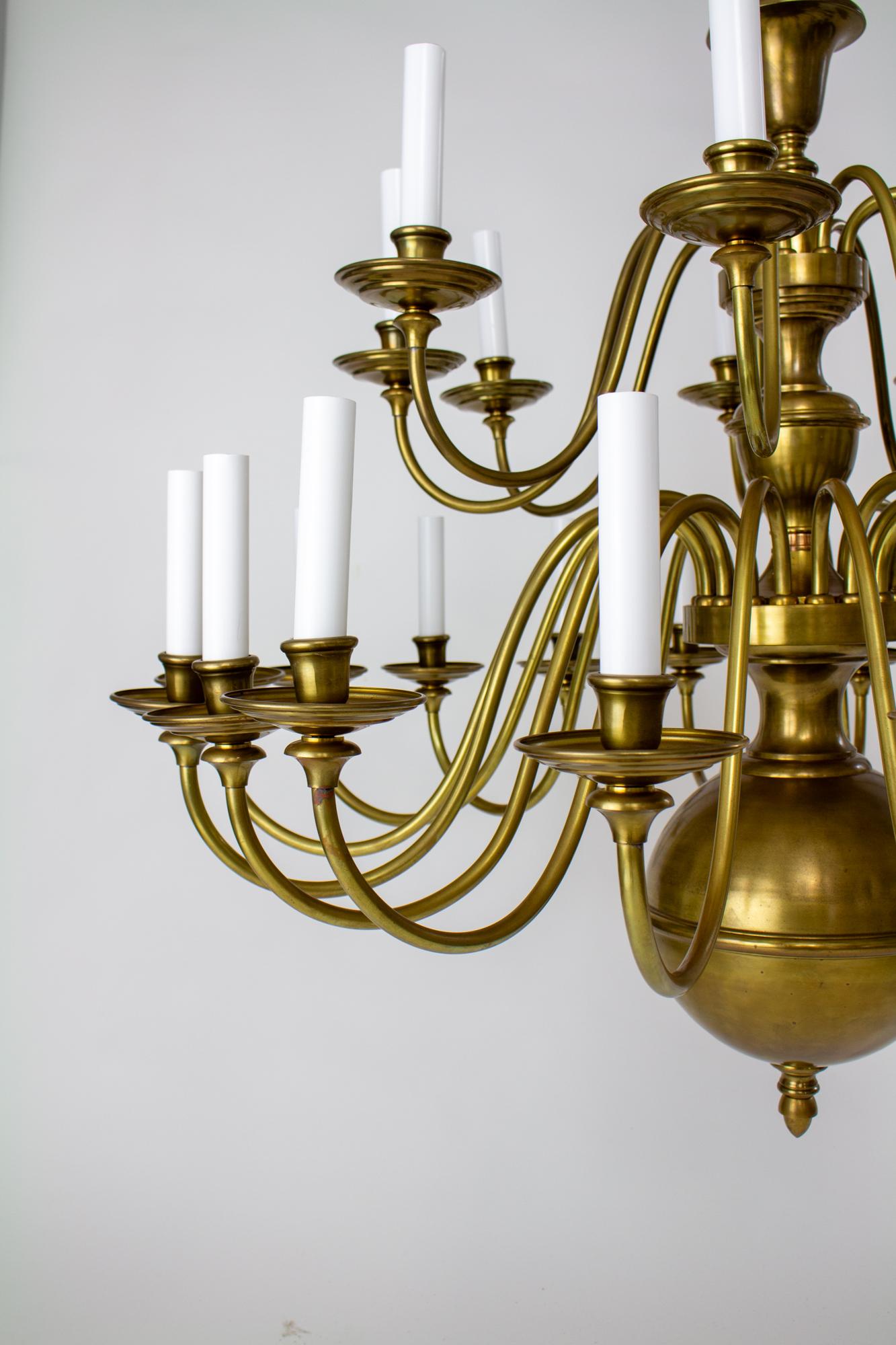 American Early 20th Century Large Two Tier Colonial Style Brass Chandelier For Sale