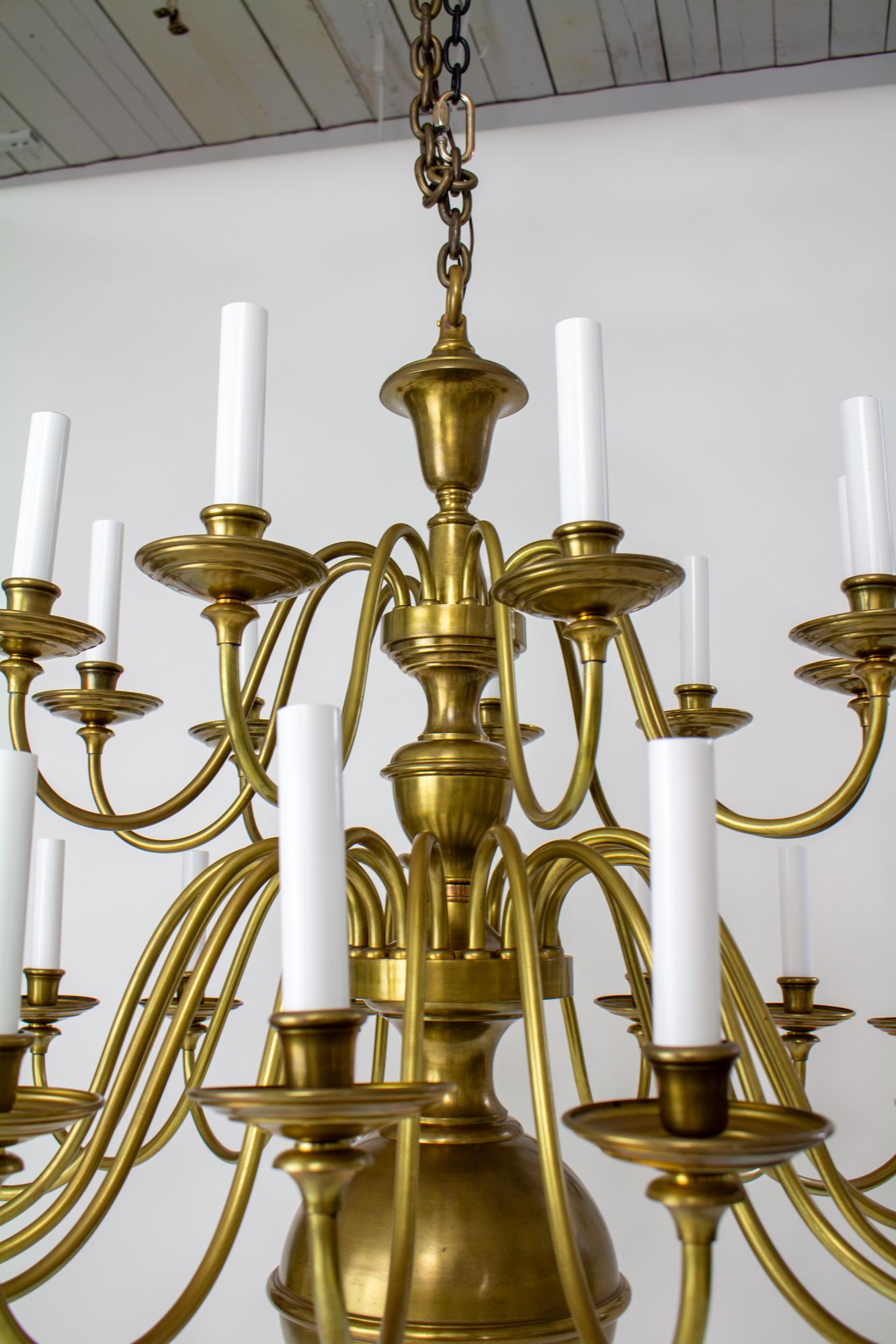 Early 20th Century Large Two Tier Colonial Style Brass Chandelier In Good Condition For Sale In Canton, MA