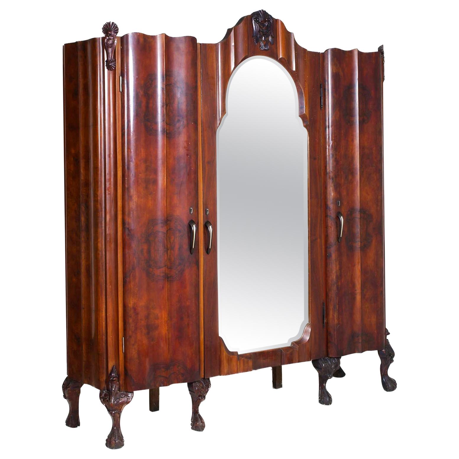 Early 20th Century Large Venetian Baroque Wardrobe in Walnut Hand Carved & Briar For Sale