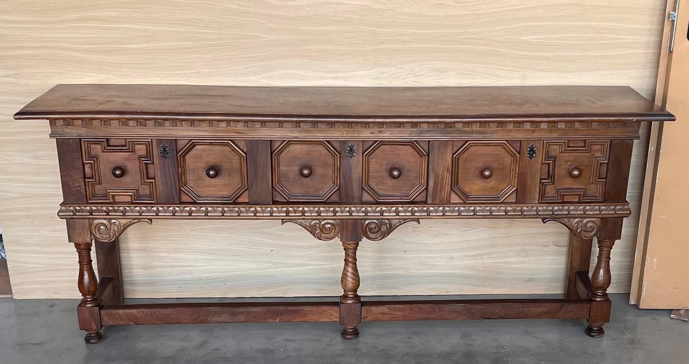 Early 20th Century Large Walnut Spanish Console Table with Three Drawers In Good Condition In Miami, FL