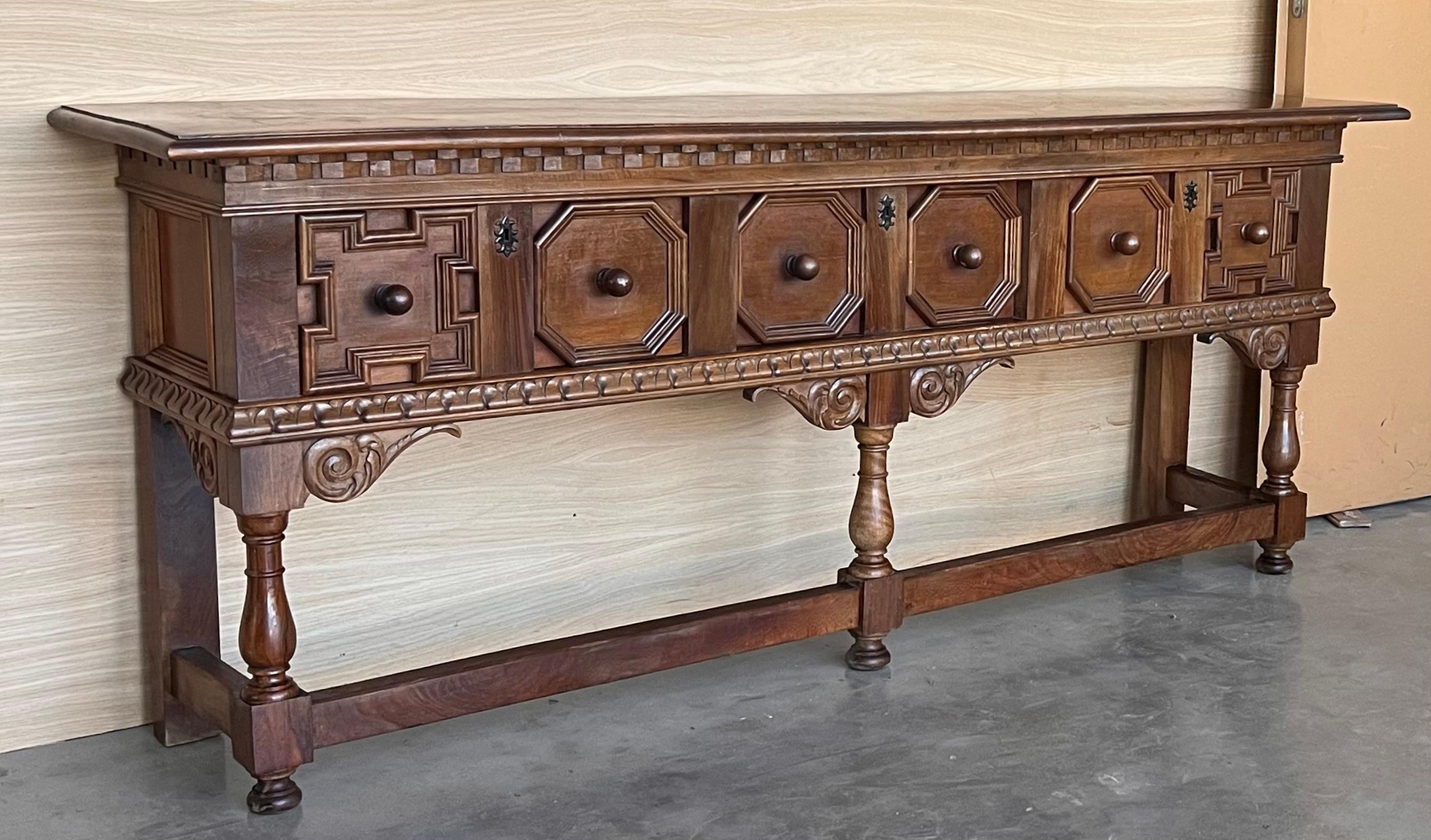 Early 20th Century Large Walnut Spanish Console Table with Three Drawers 1