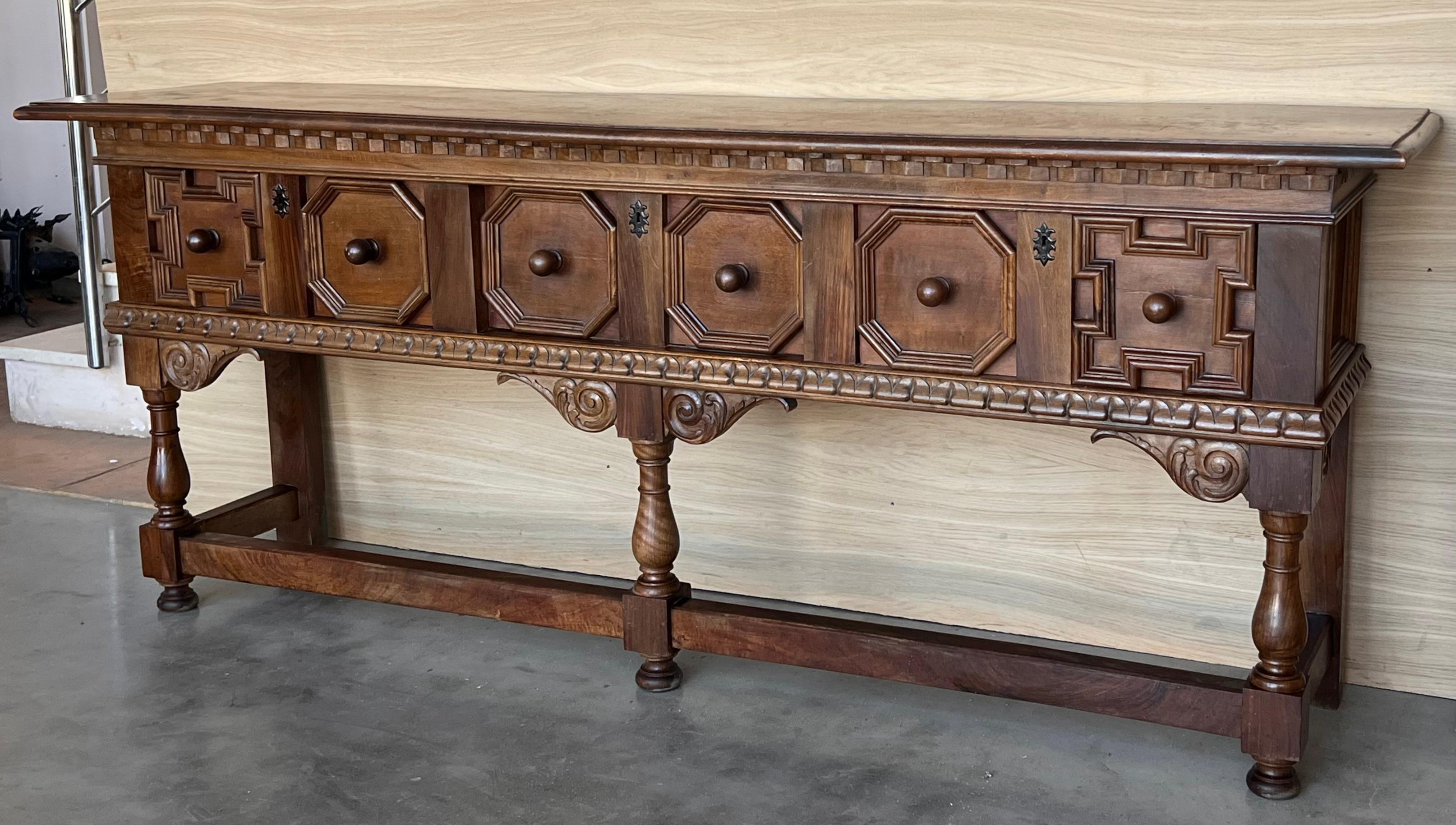 Early 20th Century Large Walnut Spanish Console Table with Three Drawers 2