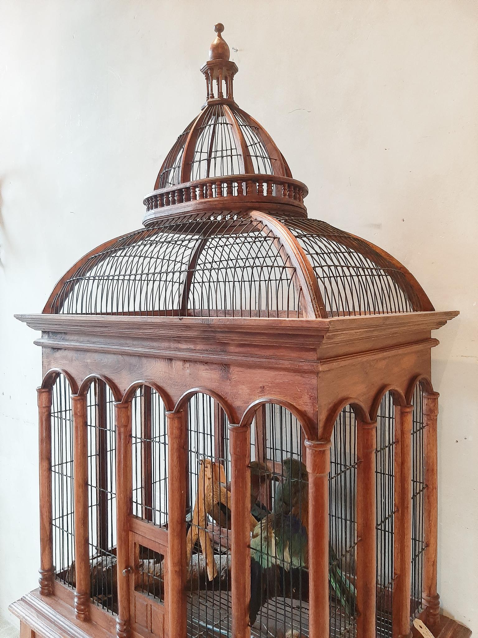 French Early 20th Century Large Wooden Highly Decorative Table Bird Cage