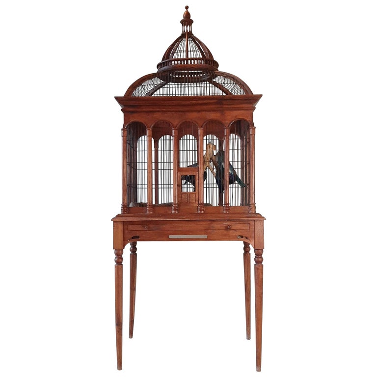 Early 20th Century Large Wooden Highly Decorative Table Bird Cage at