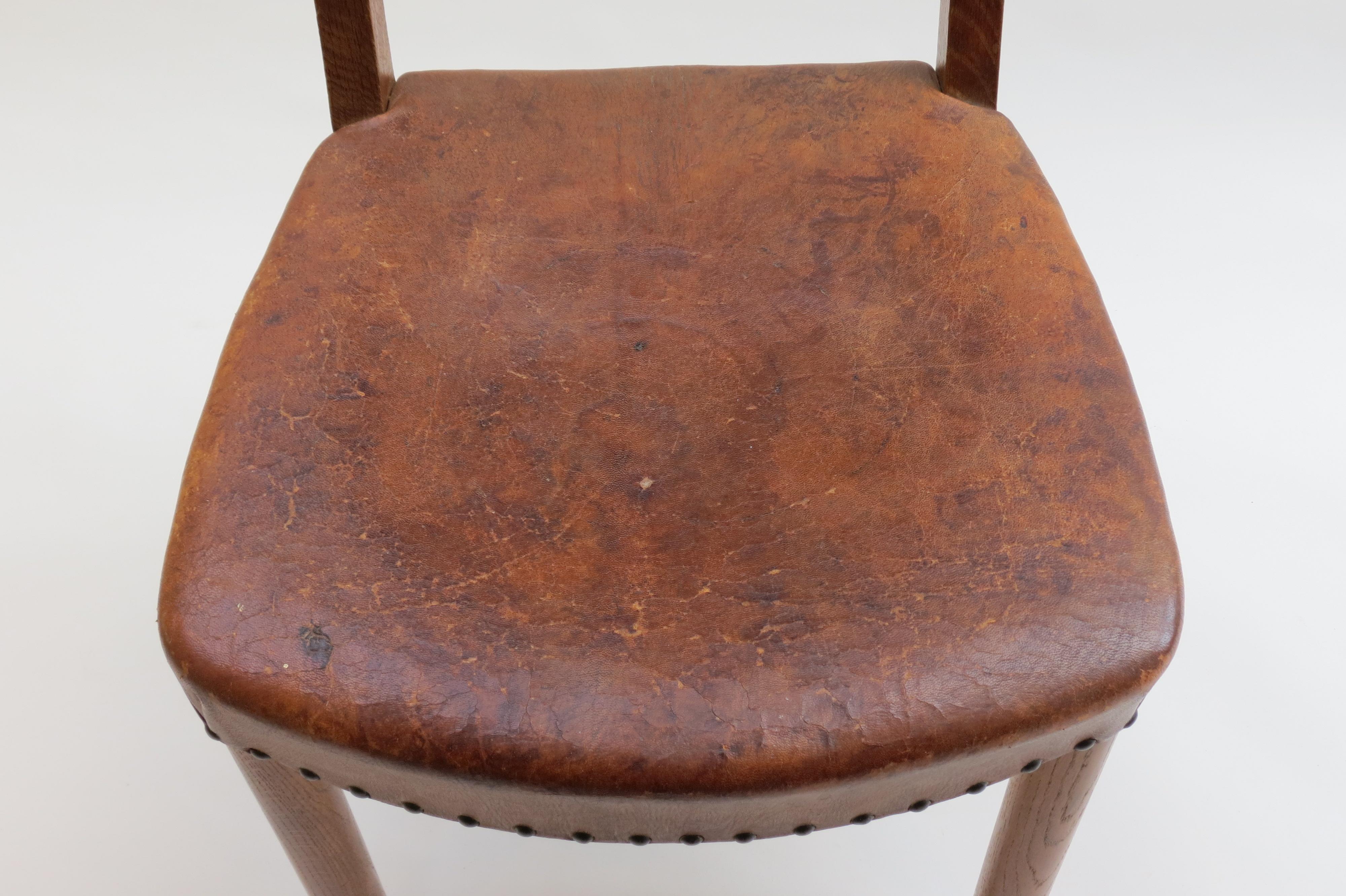 British Early 20th Century Leather and Oak Side Chair