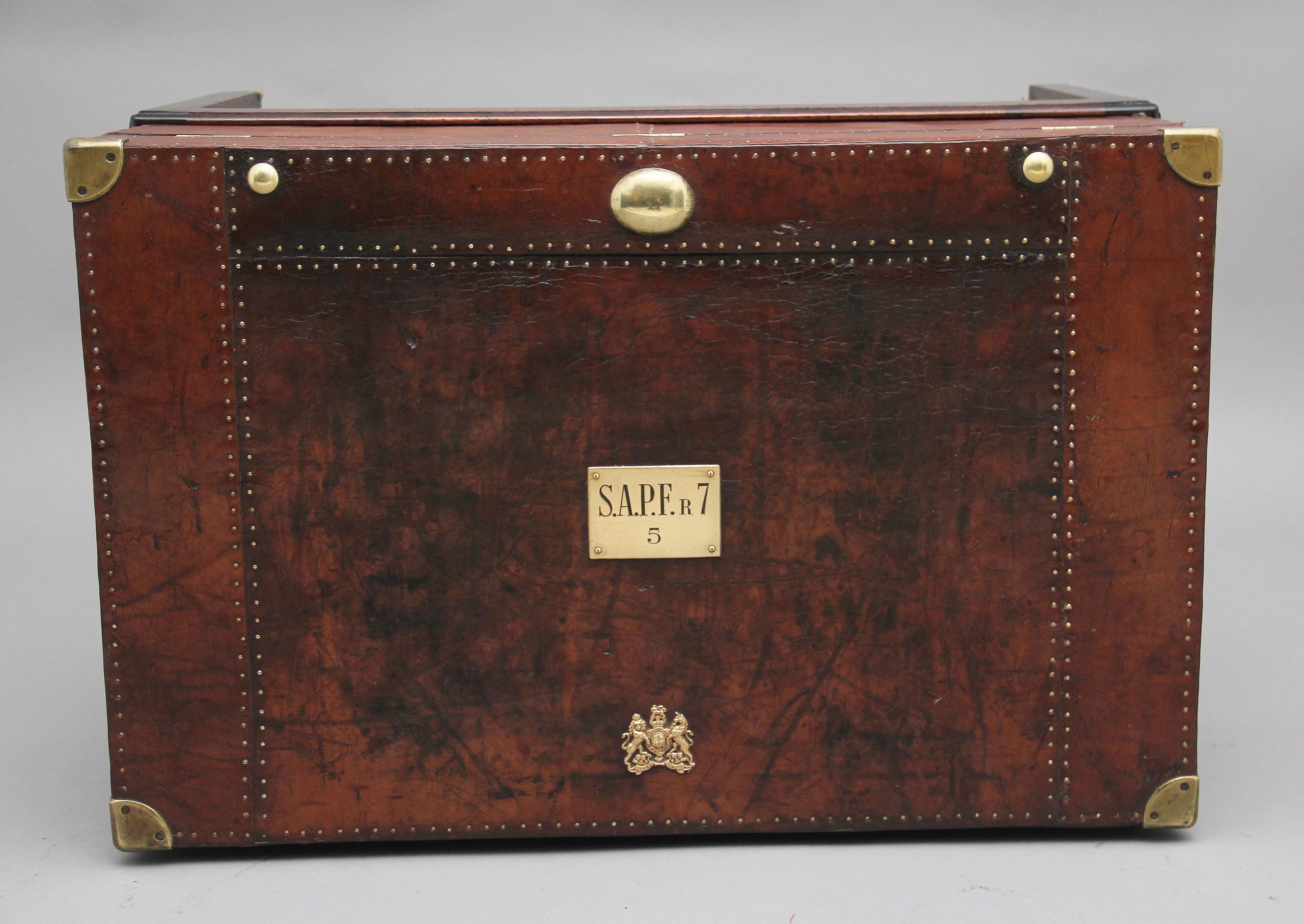British Early 20th Century Leather Bound Ex Army Trunk on Stand