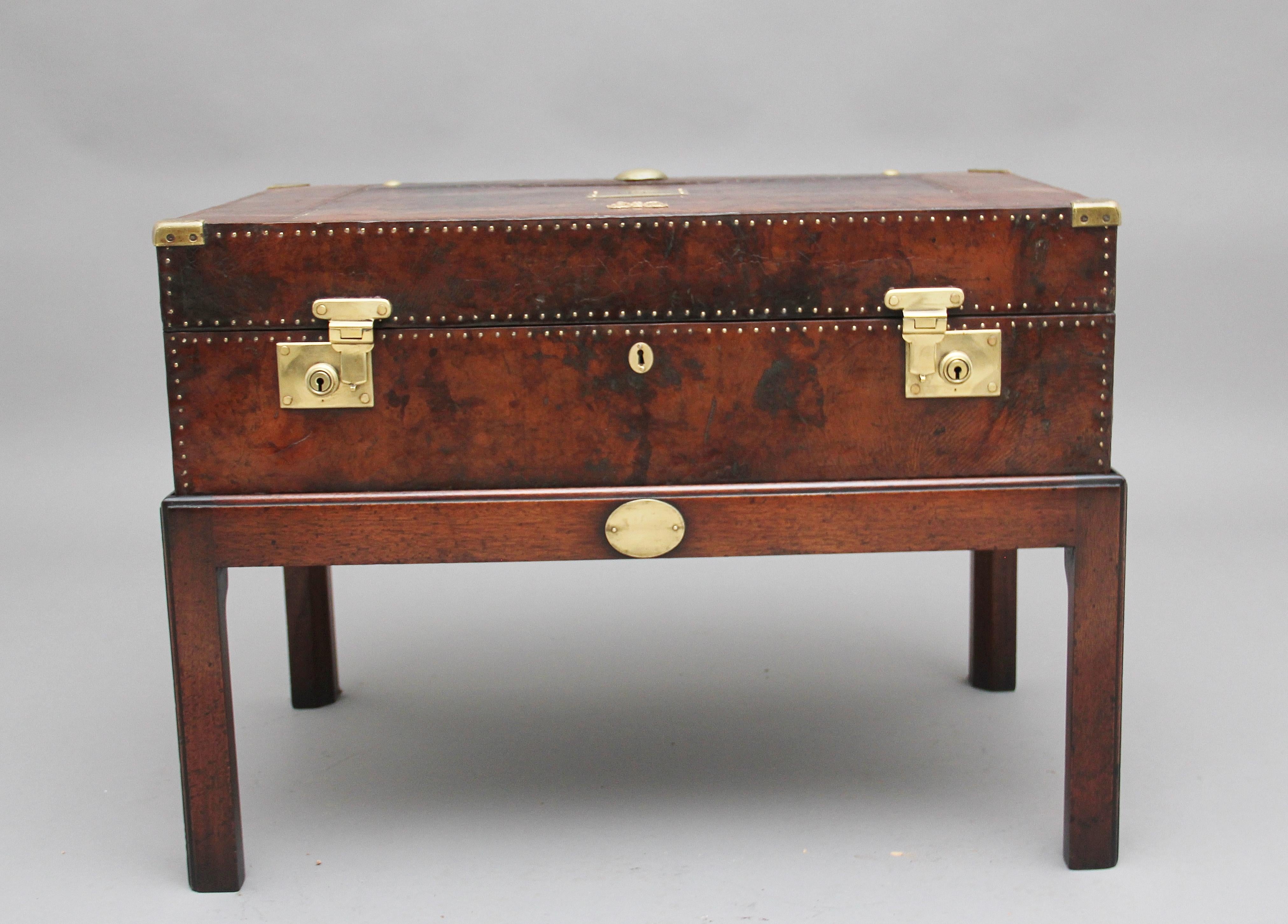 Early 20th Century Leather Bound Ex Army Trunk on Stand In Good Condition In Martlesham, GB