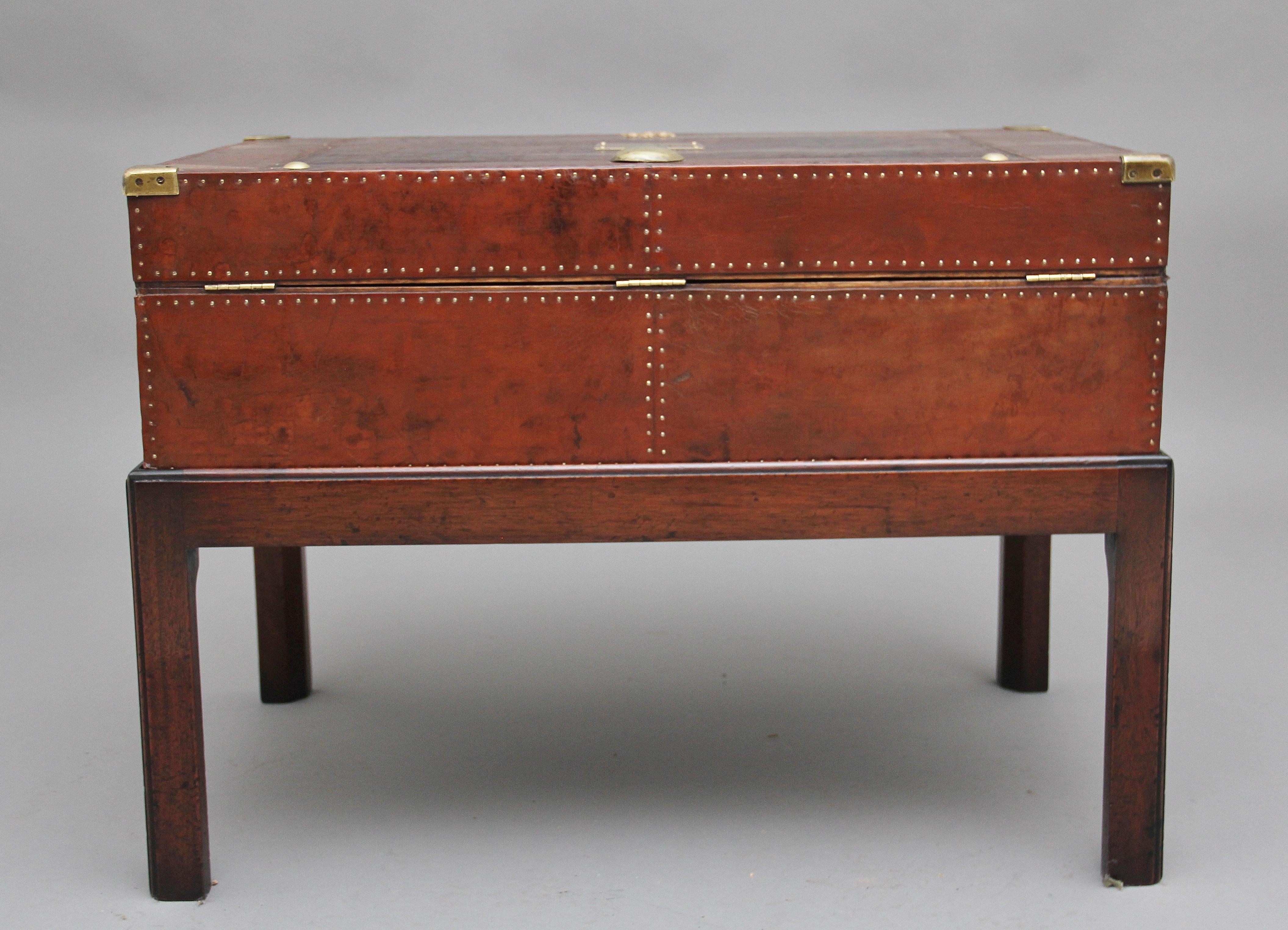 Early 20th Century Leather Bound Ex Army Trunk on Stand 1