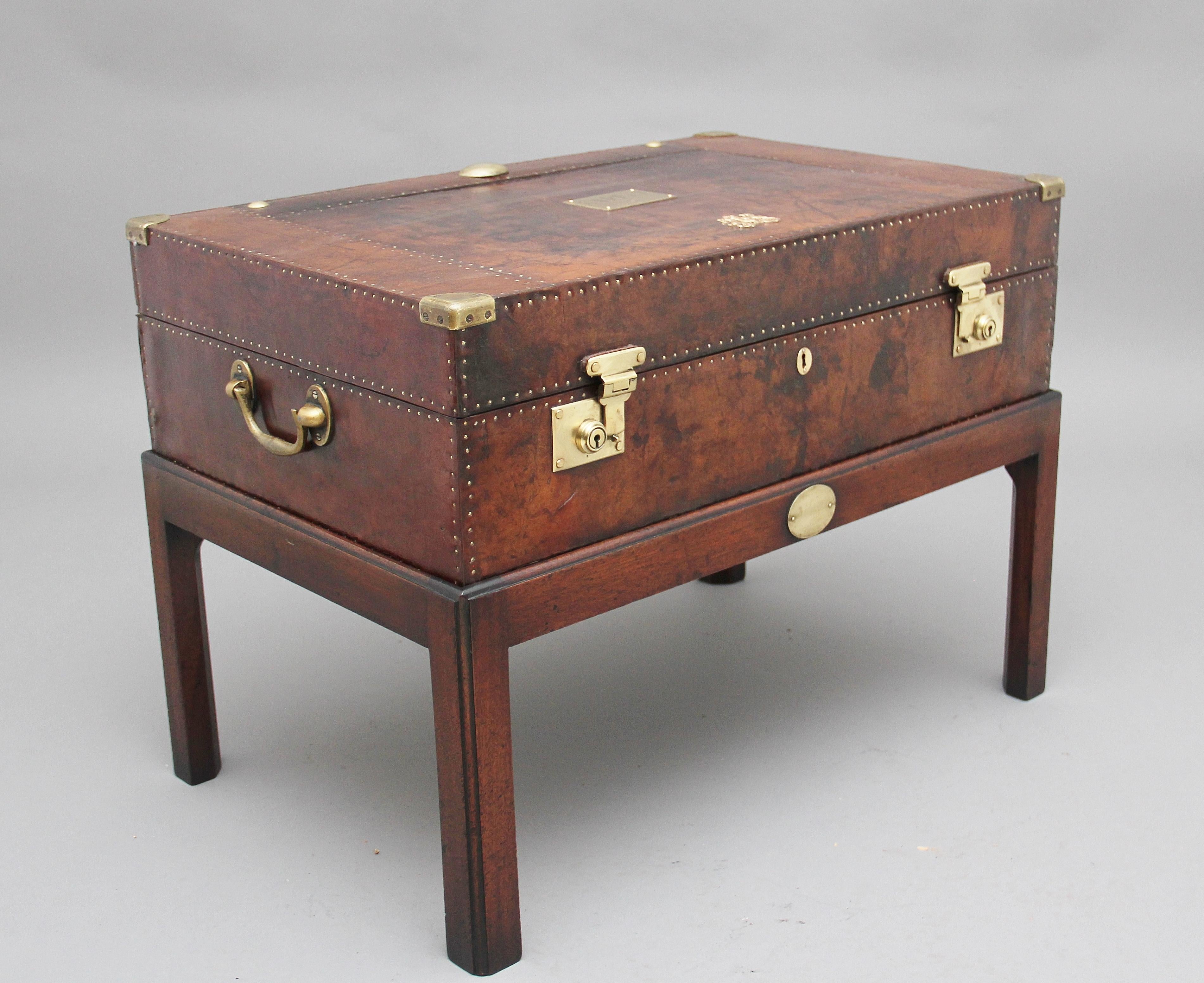 Early 20th Century Leather Bound Ex Army Trunk on Stand 4