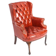 Early 20th Century Leather Chippendale Wing Back Chair Armchair