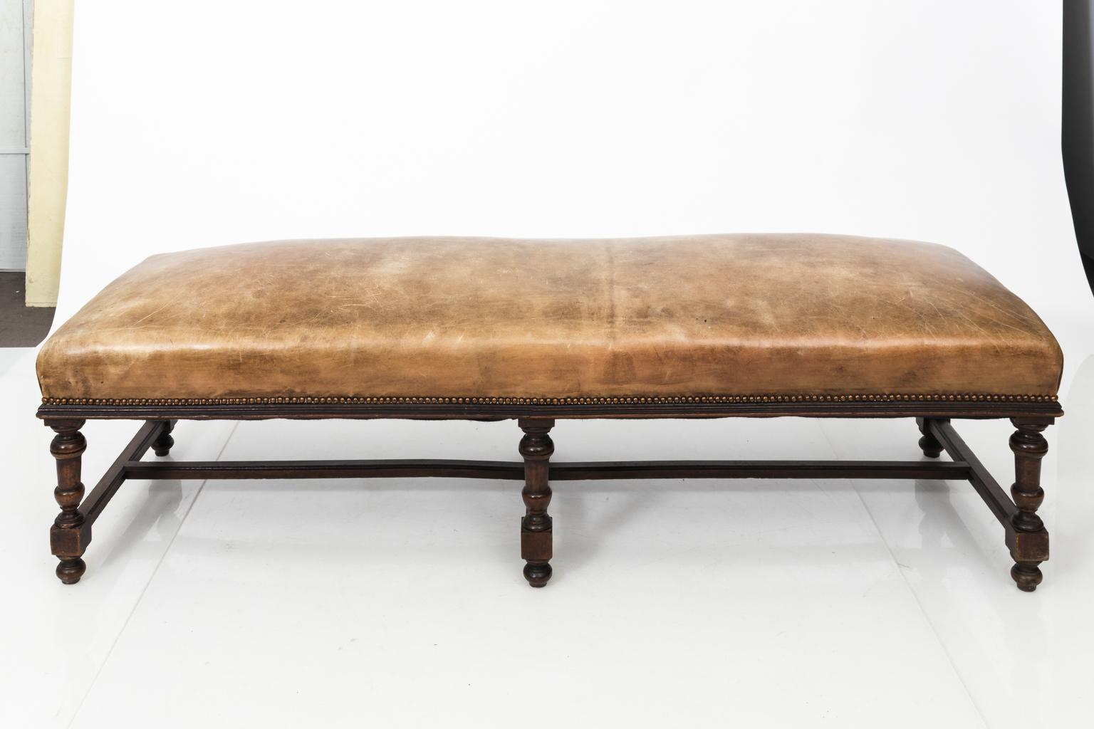 Early 20th Century Leather Jacobean Bench 8