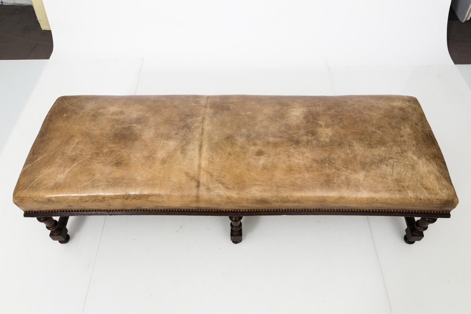 Early 20th Century Leather Jacobean Bench 1