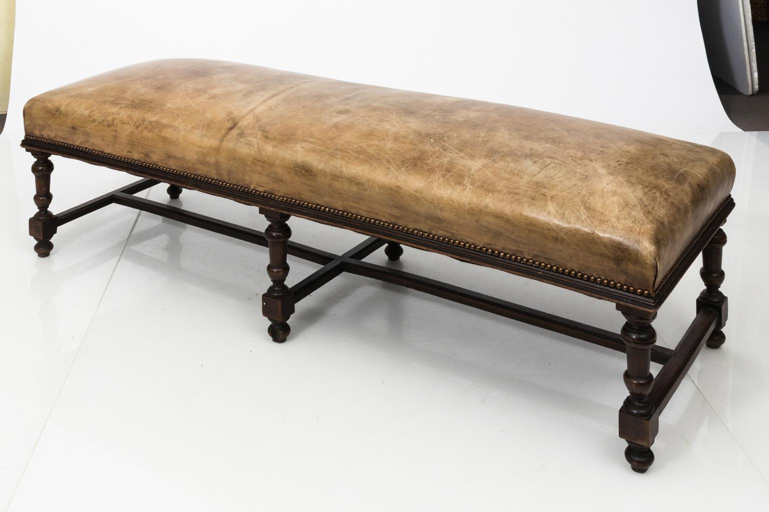 Early 20th Century Leather Jacobean Bench 3