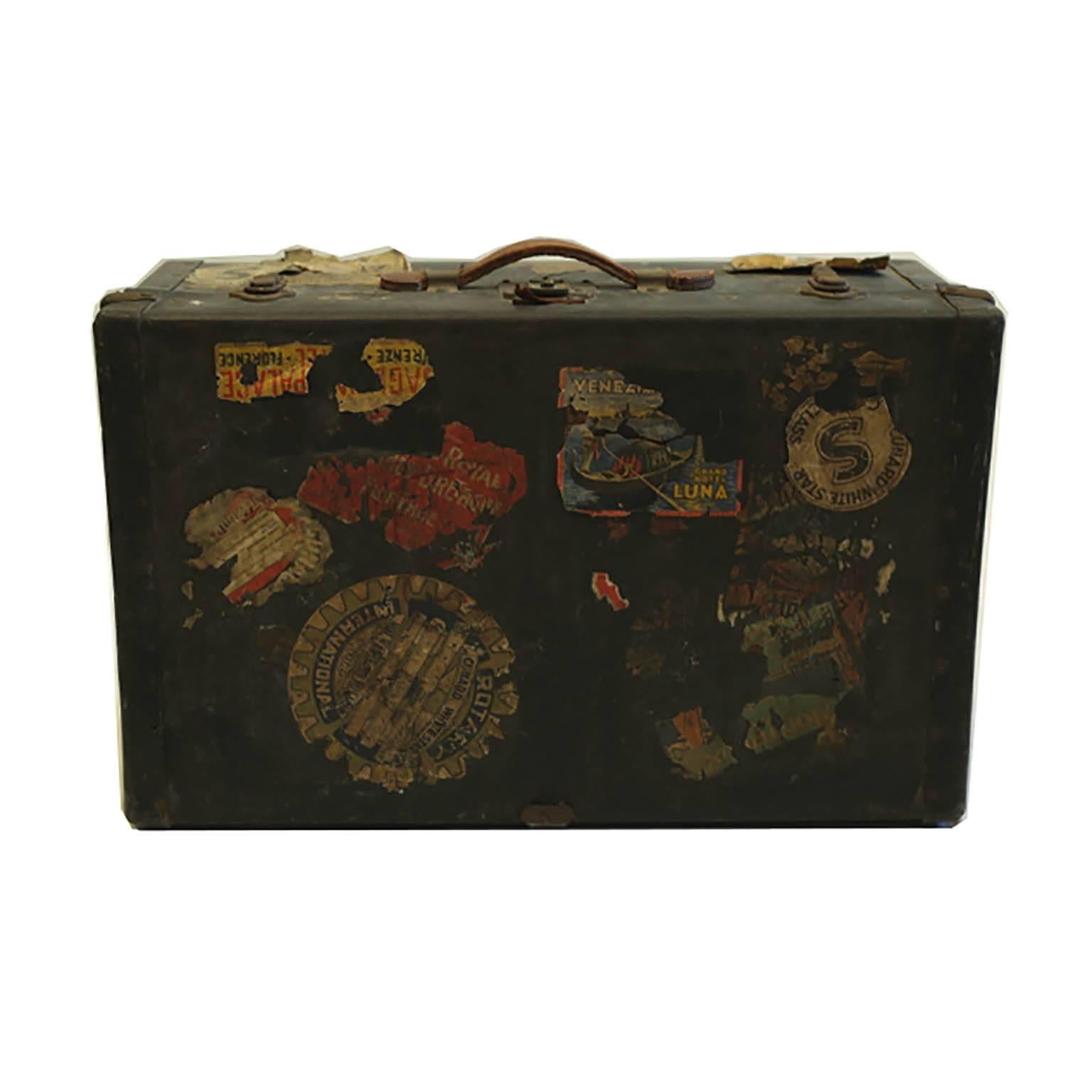 Early 20th Century Leather Luggage with Original Travel Stickers, circa 1930s 4