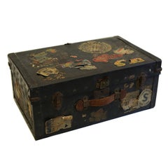 Early 20th Century Leather Luggage with Original Travel Stickers, circa 1930s