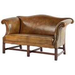 Early 20th Century Leather Settee Sofa on Mahogany Base