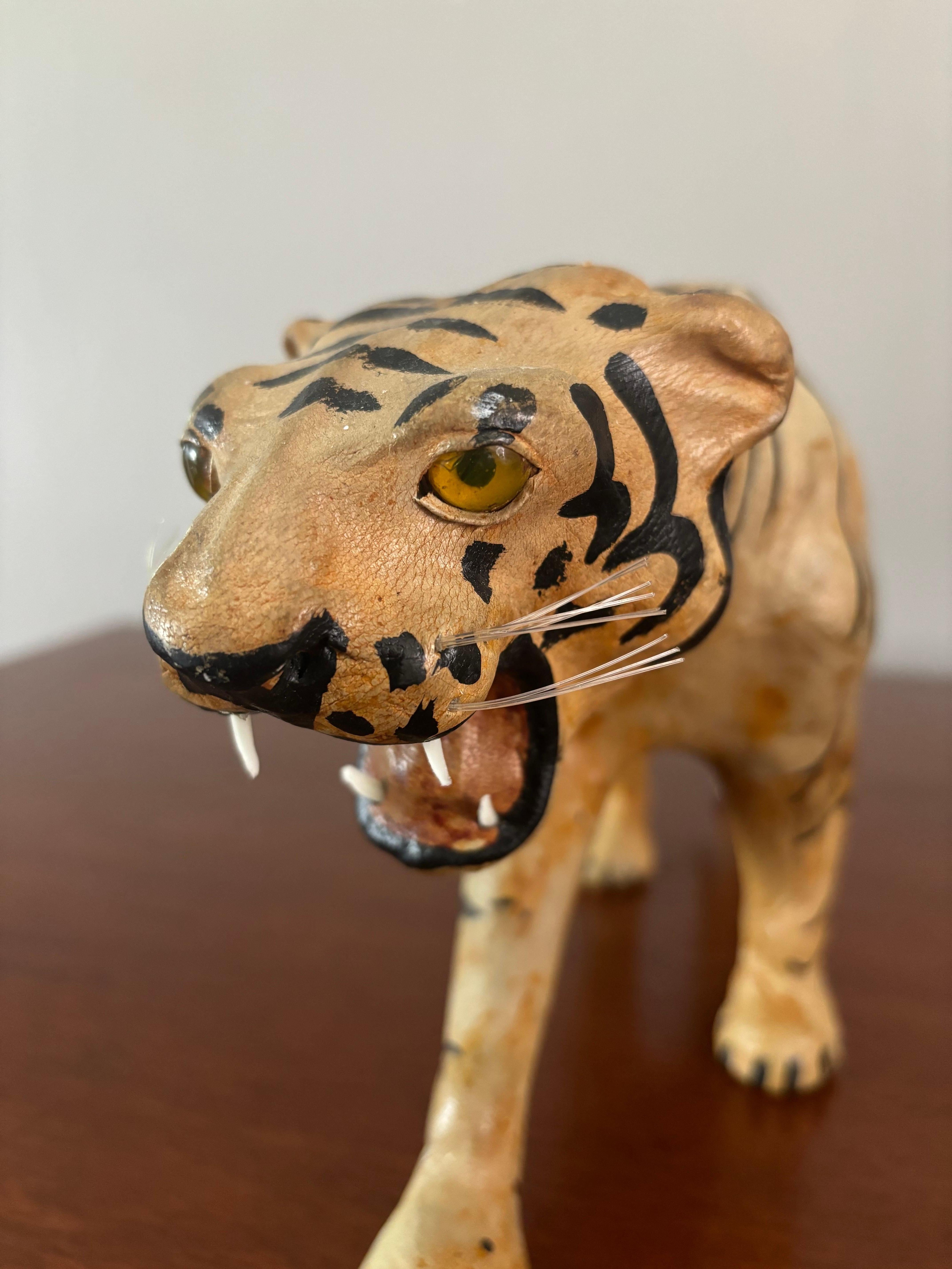 Early 20th Century Leather Tiger Sculpture In Good Condition For Sale In Boynton Beach, FL