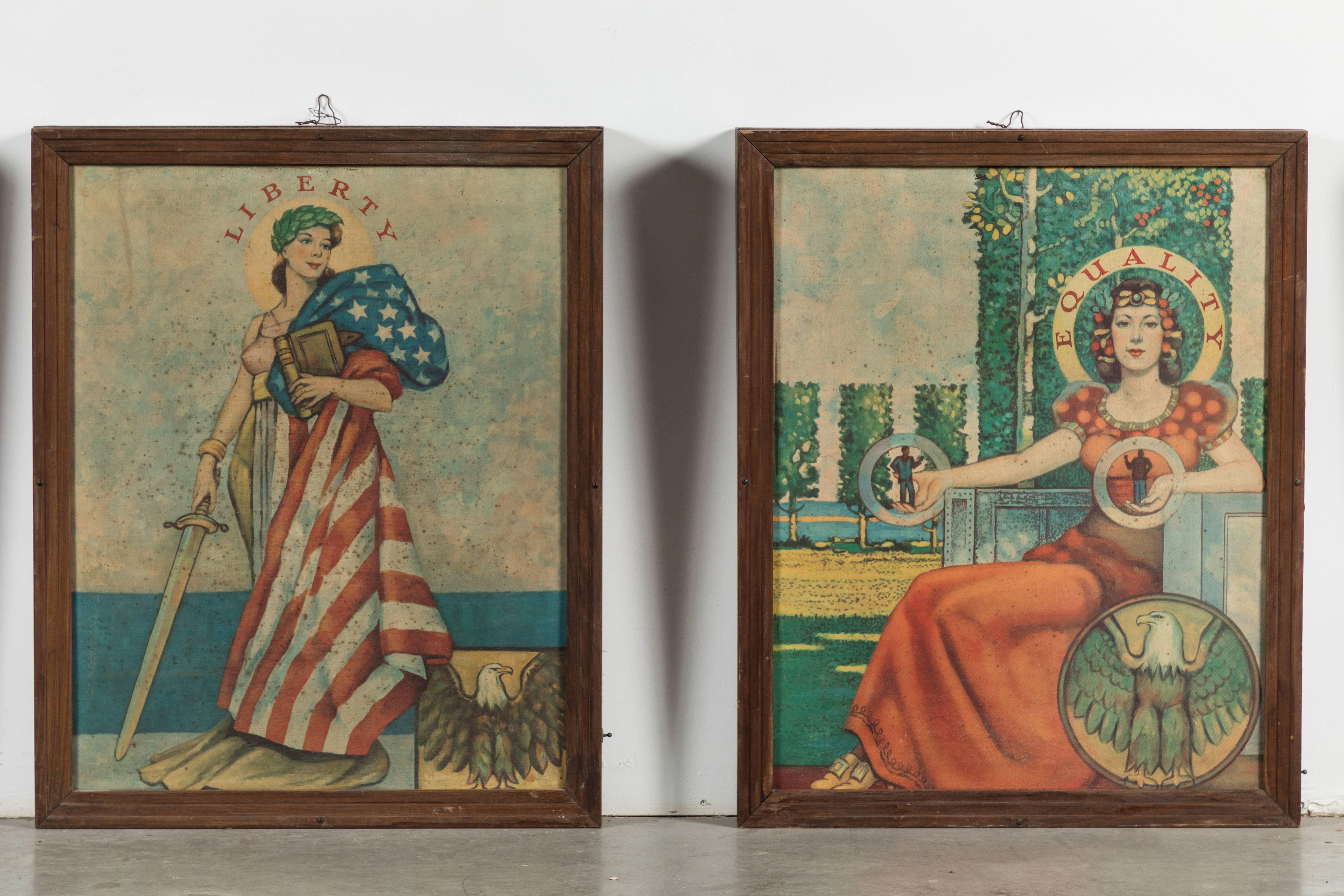 Late 1920s unique collection of American folk art hand painted lightbox wall panel signs created by a sign company in Chicago. The panels hung in the Appanose Country Courthouse in Centerville, Iowa. Liberty, Equality, Justice and Truth.