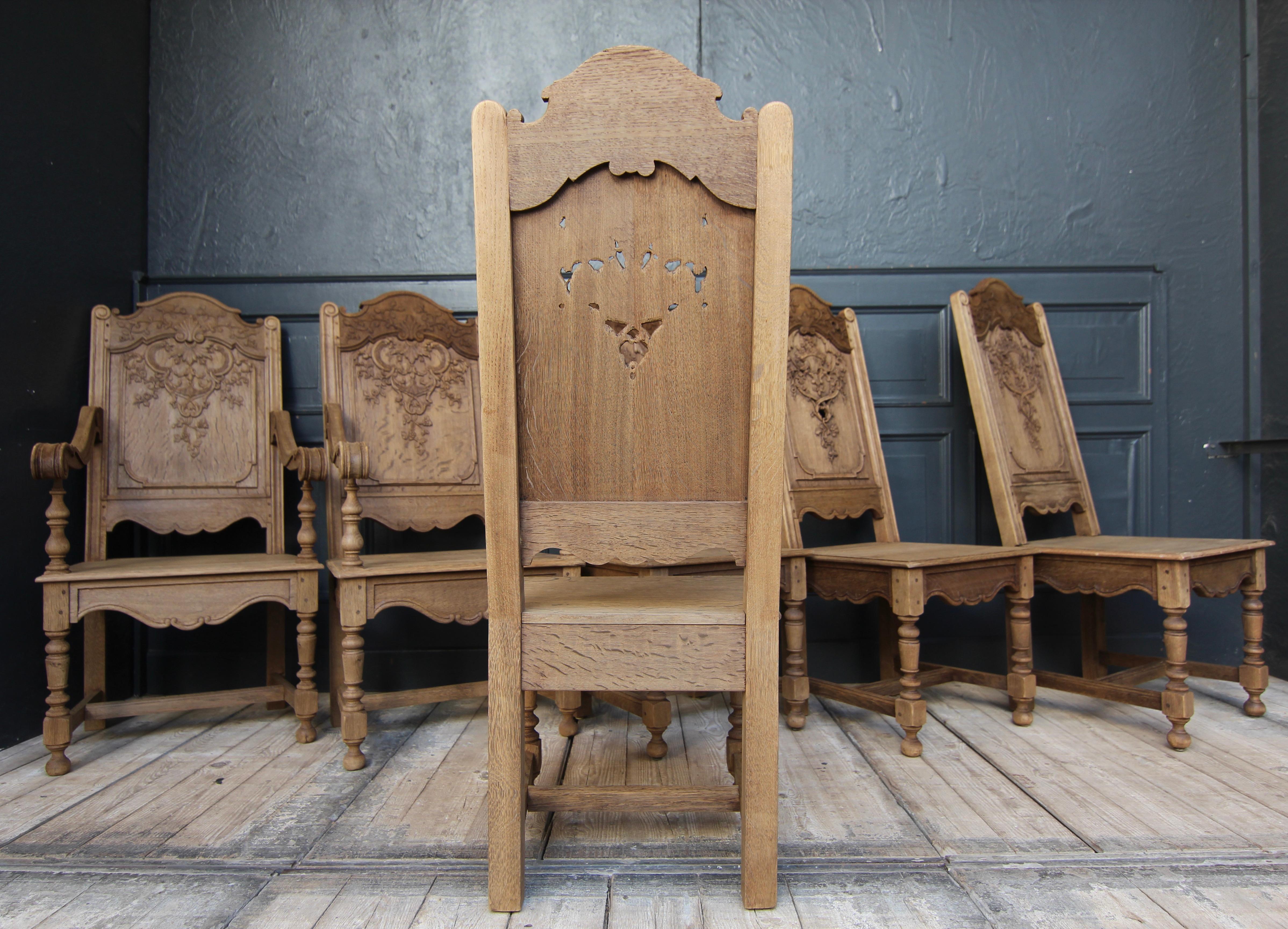 Early 20th Century Liégeoise Carved Stripped Oak Chairs, Set of 6 13
