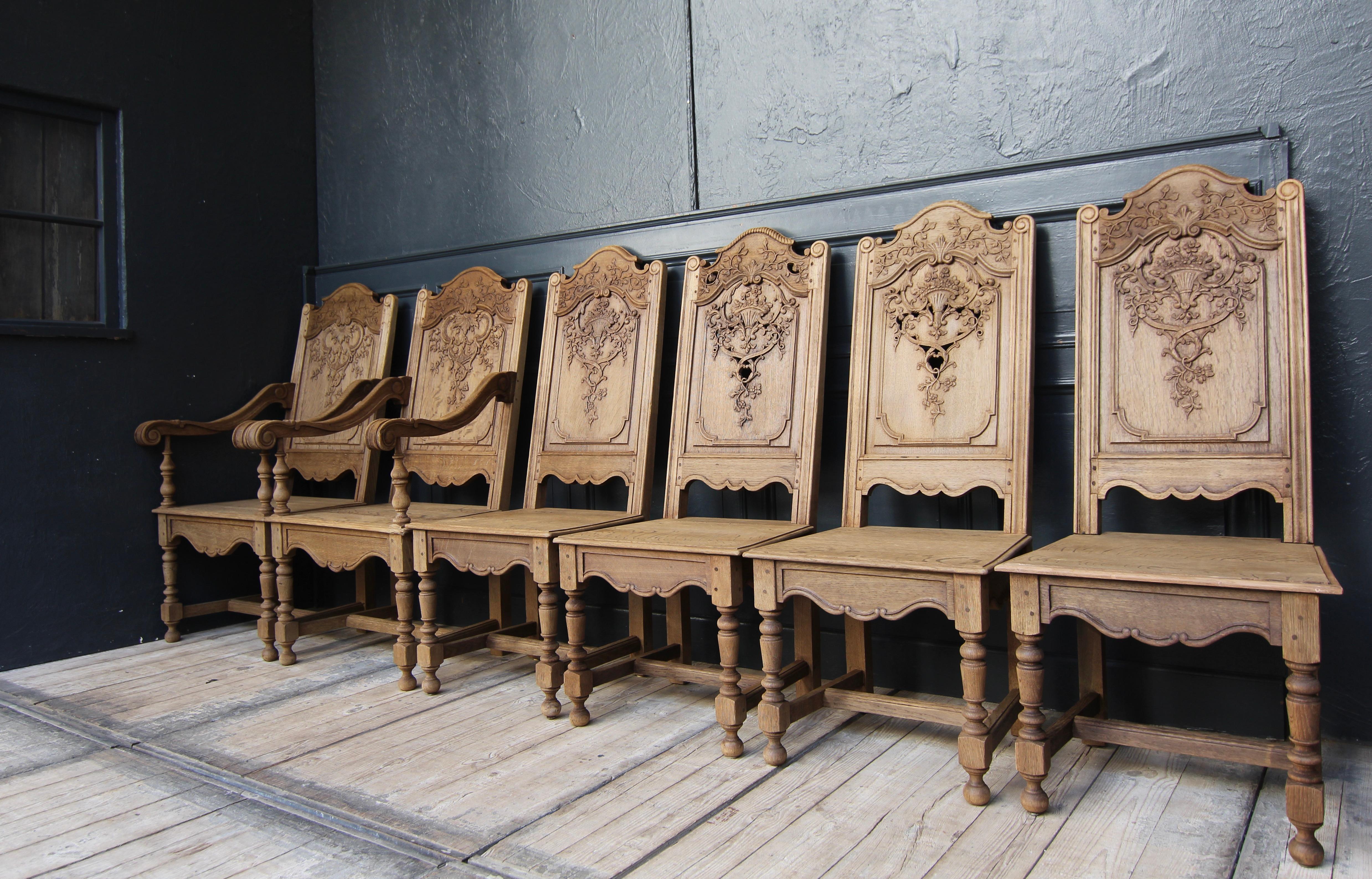 Baroque Early 20th Century Liégeoise Carved Stripped Oak Chairs, Set of 6