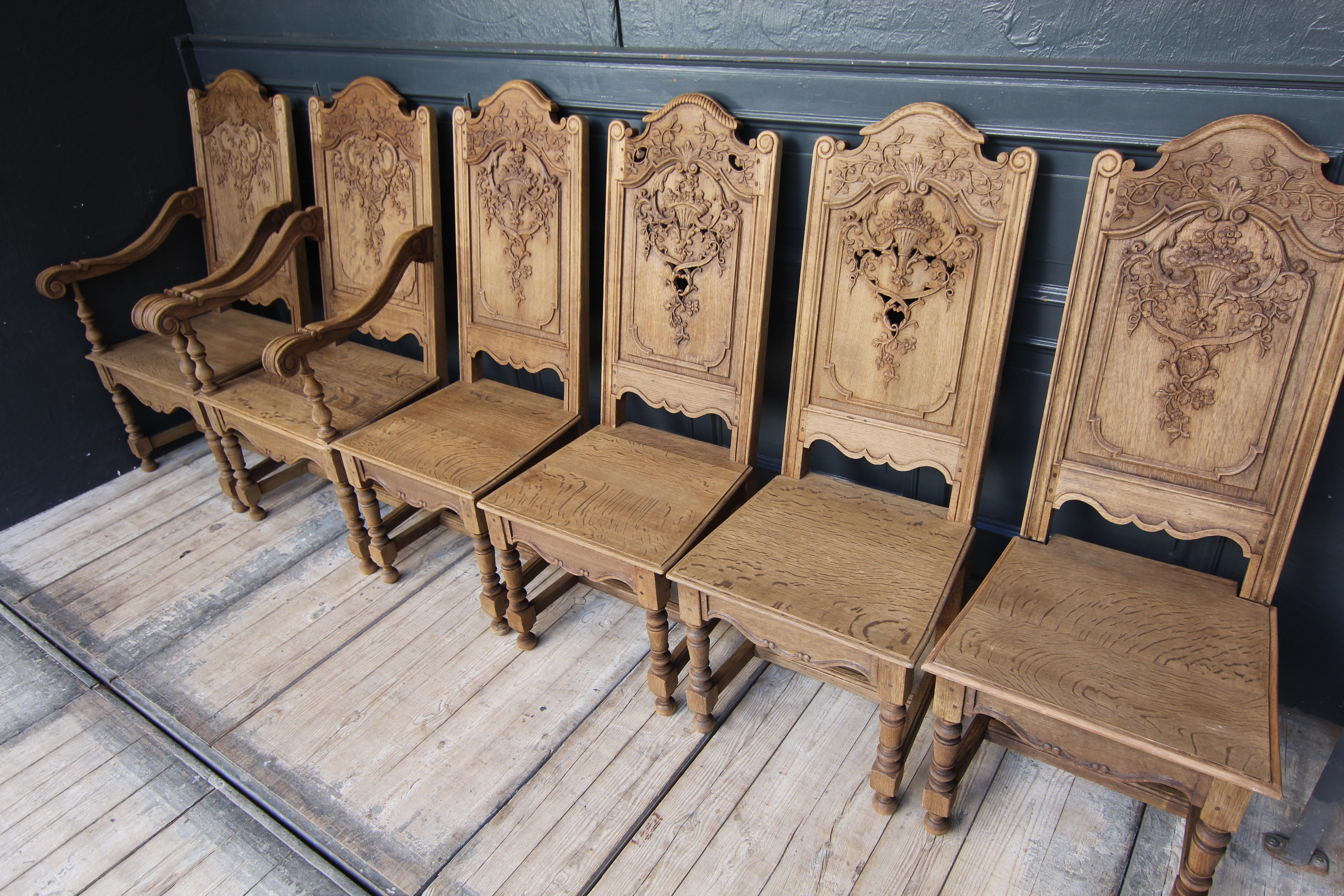 Belgian Early 20th Century Liégeoise Carved Stripped Oak Chairs, Set of 6