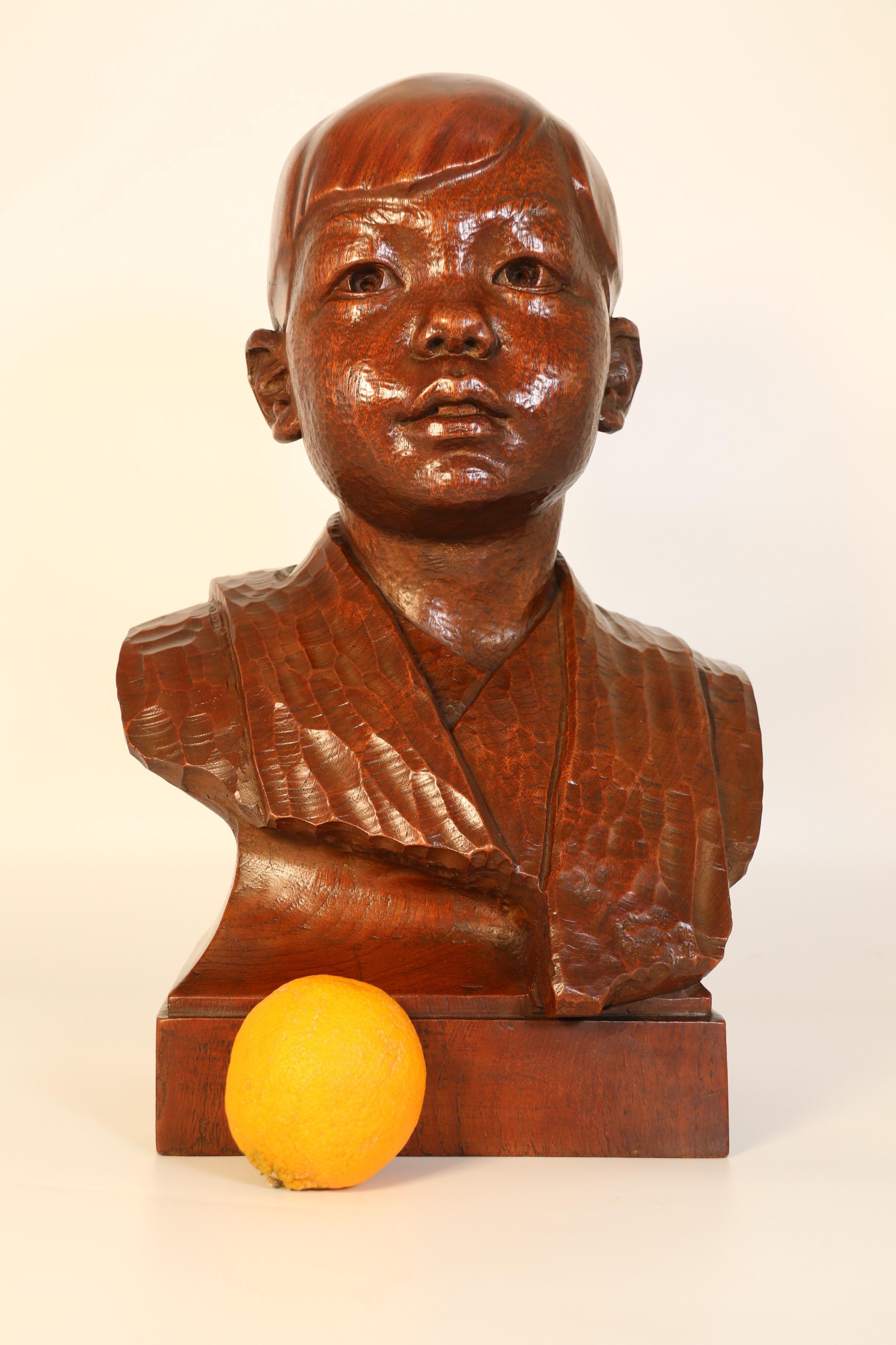 Early 20th century life size walnut bust of a boy by George Henry Paulin RBS For Sale 4