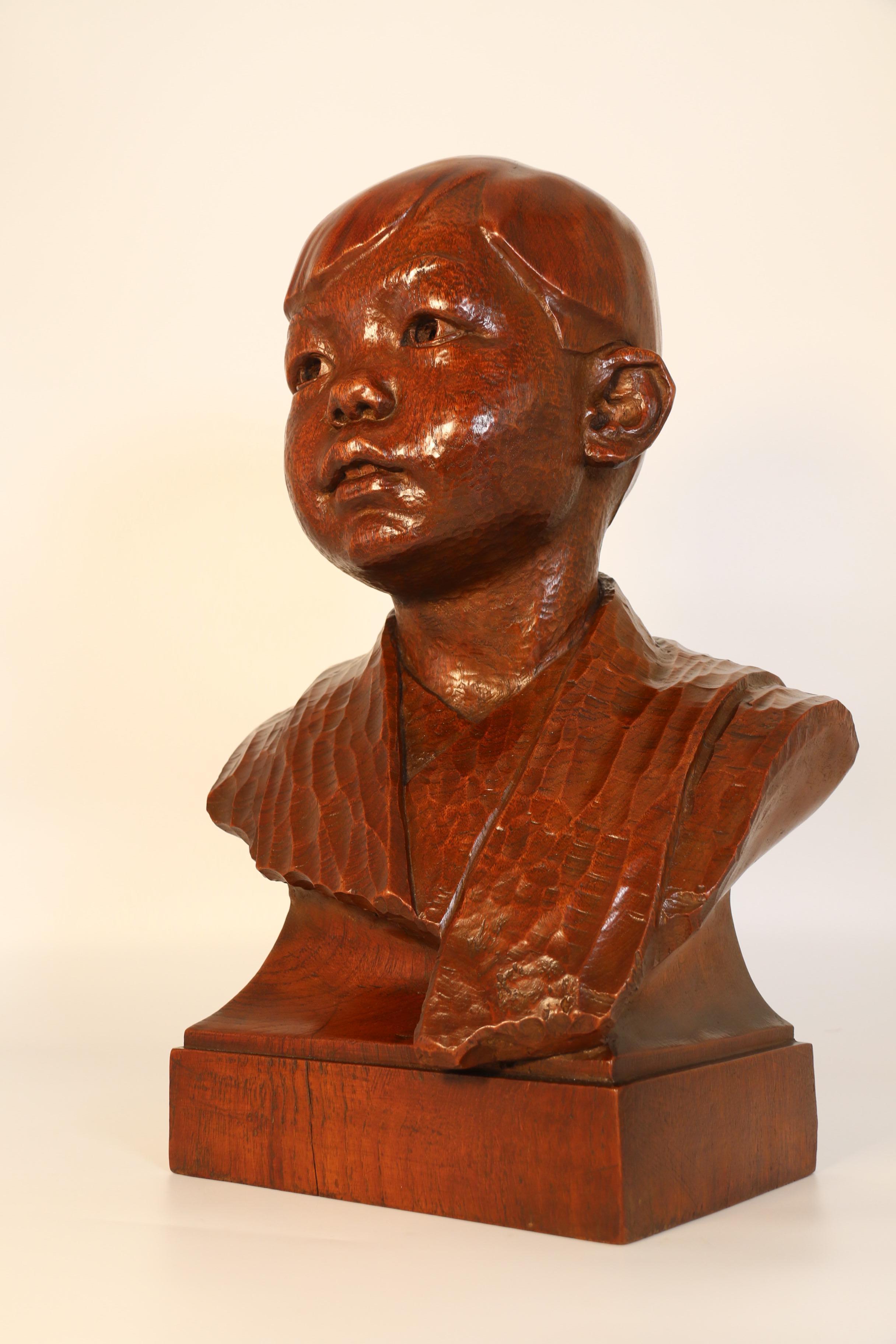 Early 20th century life size walnut bust of a boy by George Henry Paulin RBS For Sale 6