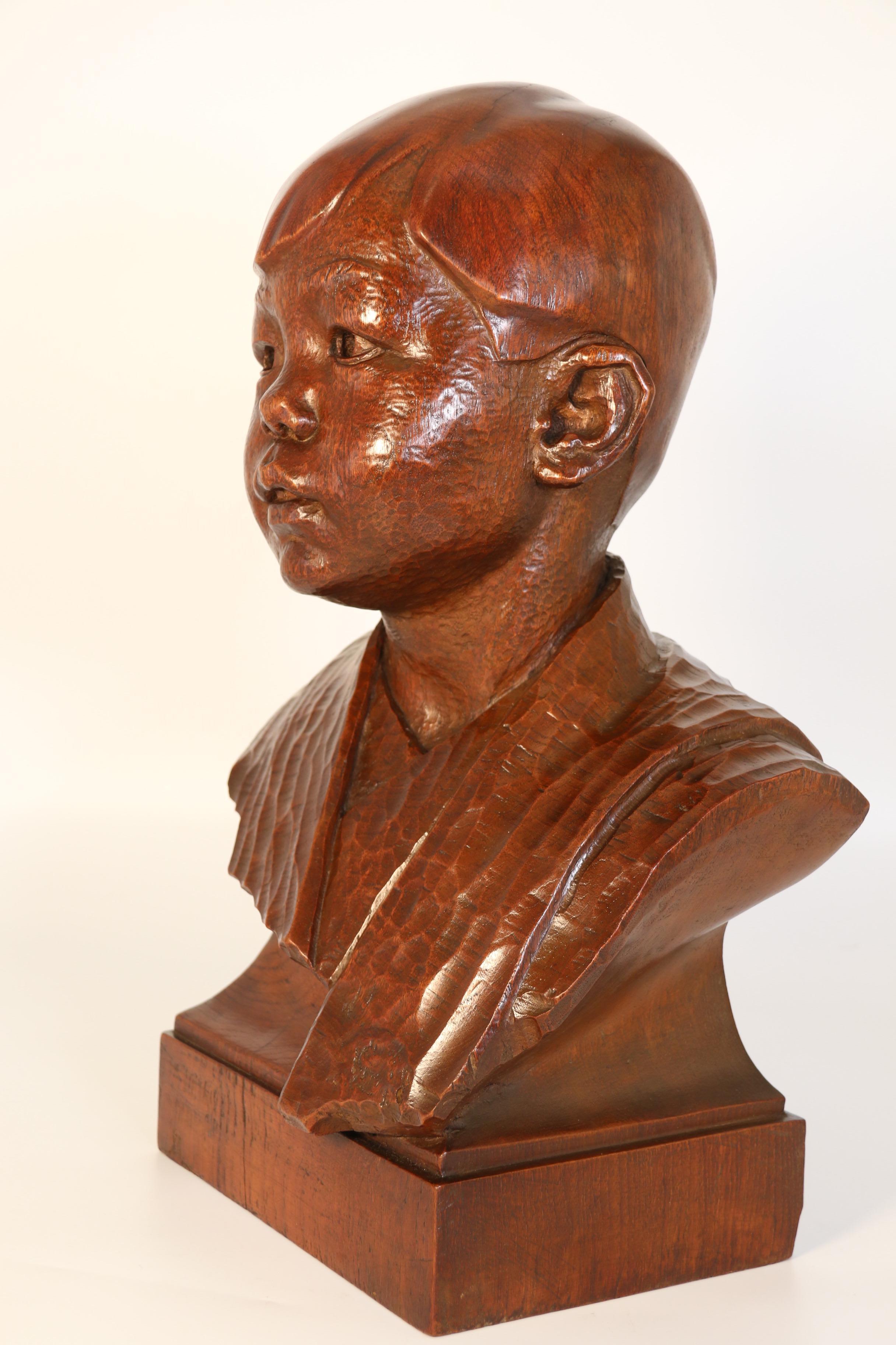 Hand-Carved Early 20th century life size walnut bust of a boy by George Henry Paulin RBS For Sale