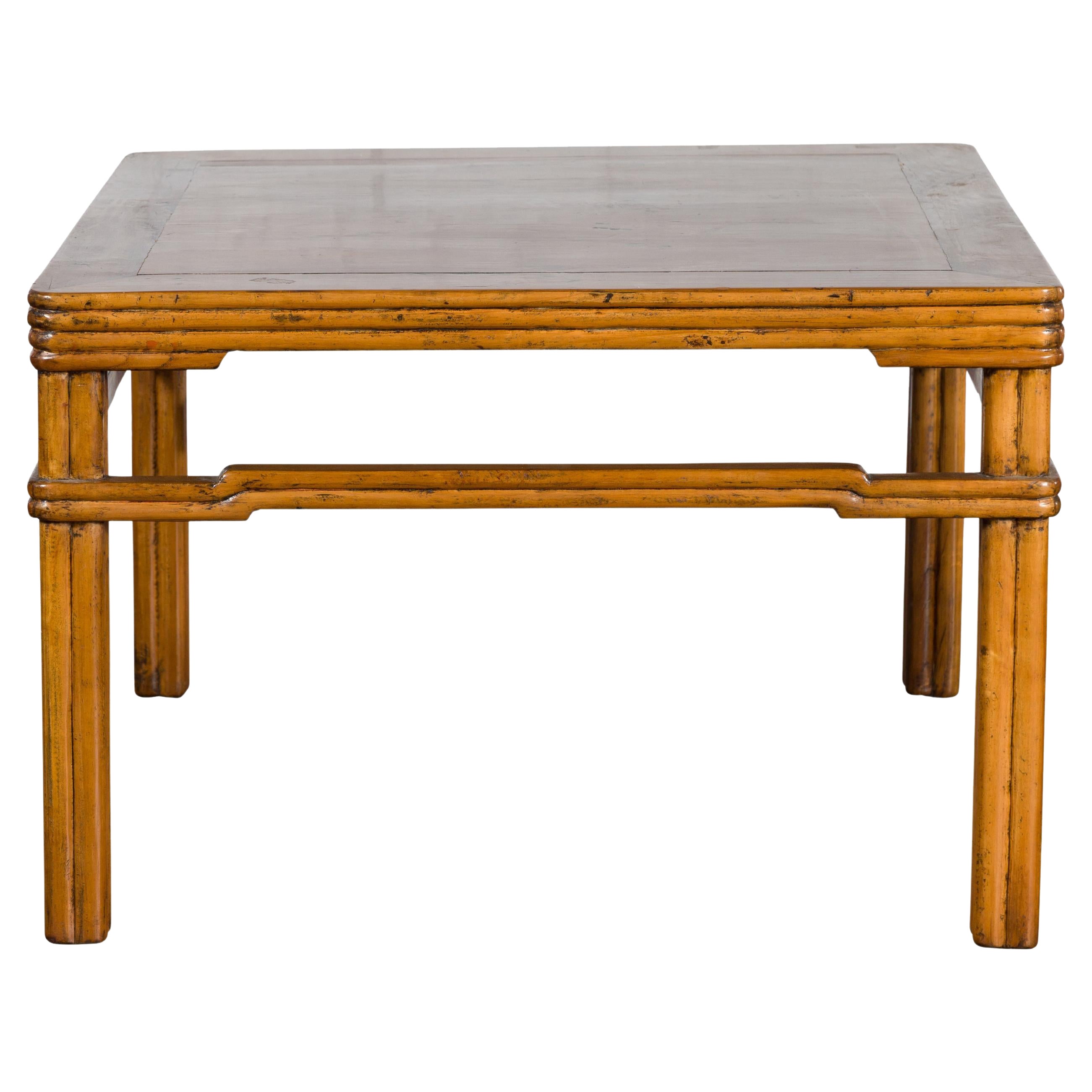 Early 20th Century Light Brown Low Side Table with Humpback Stretchers