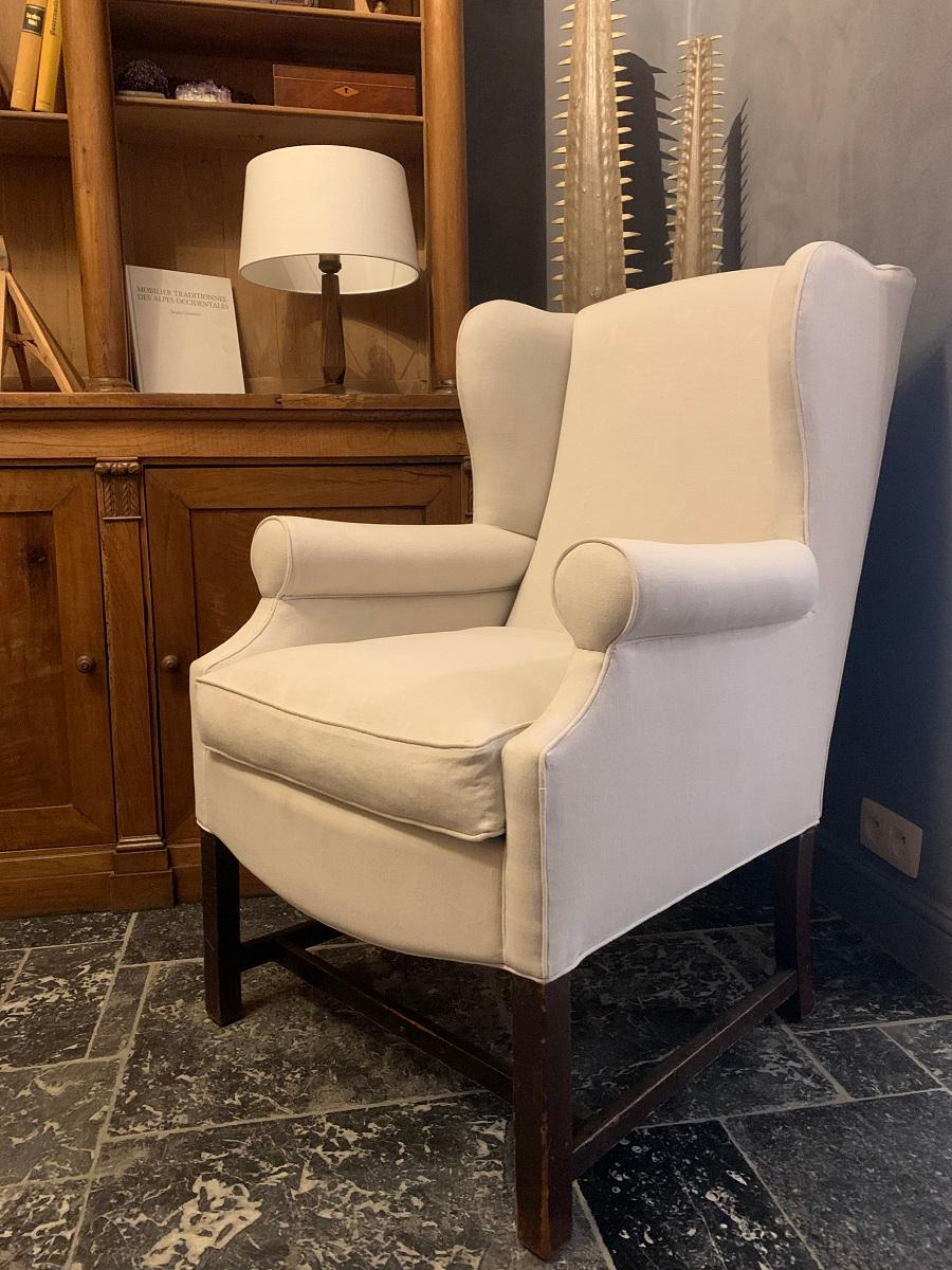 British Early 20th Century Linen Wingchair For Sale