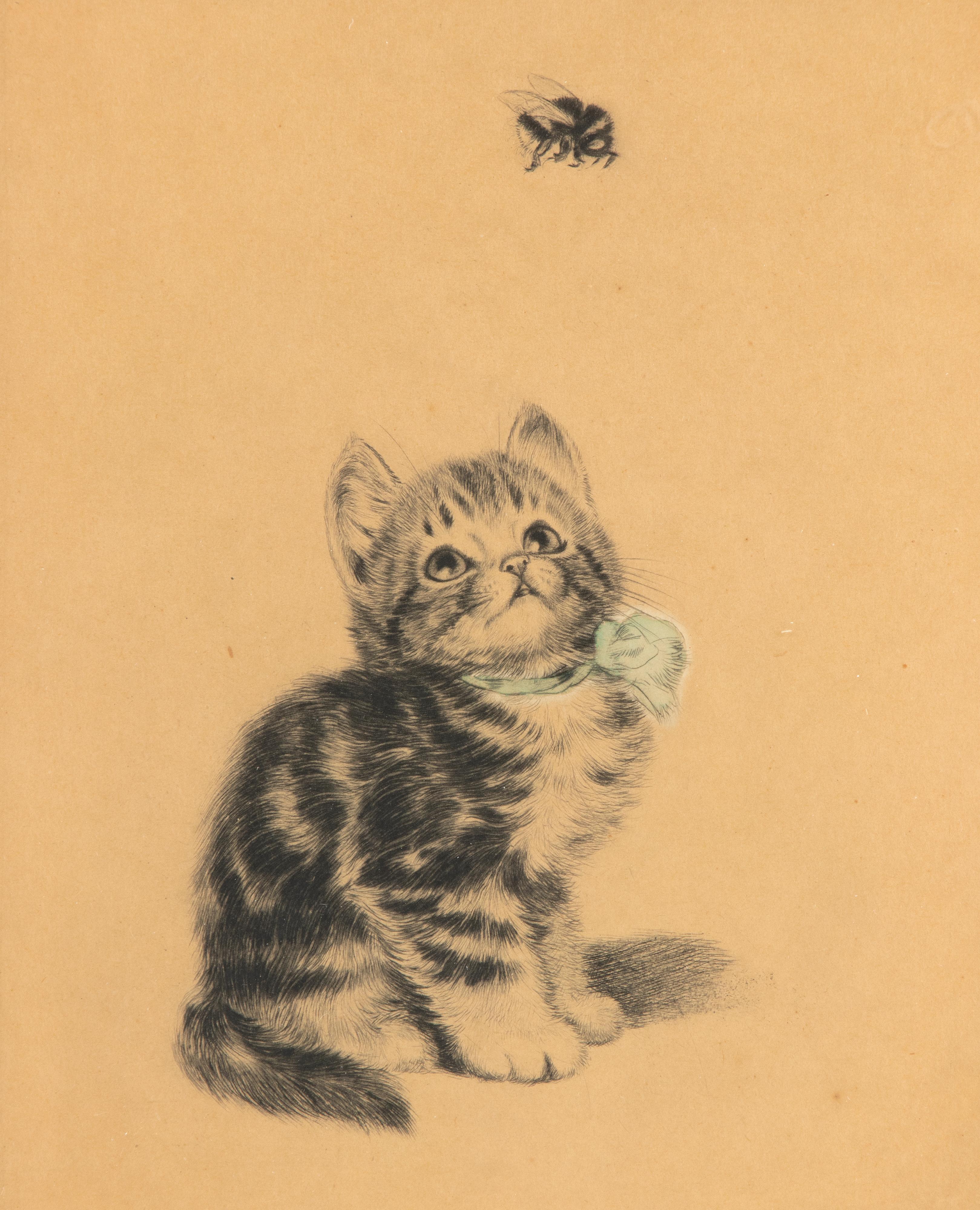 A cute lithograph of a kitten accompanied by a bee. Signed below with pencil by the artist: Meta Plückebaum. Printed on paper. With the original wooden frame.

Meta Pluckebaum (1876-1945) was a German artist and illustrator, best remembered today