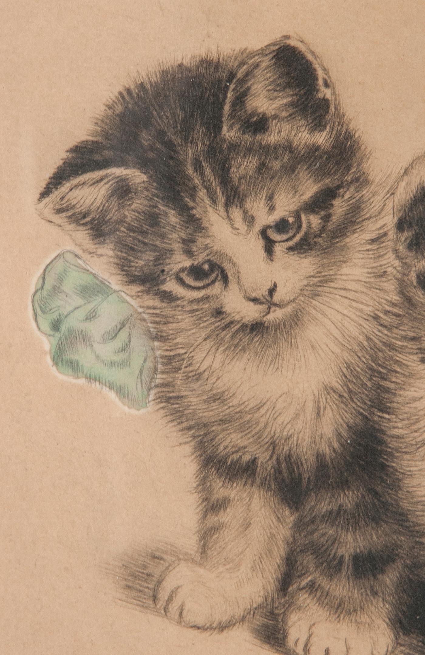 Etched Early 20th Century Lithograph Young Cats by Meta PLÜCKEBAUM