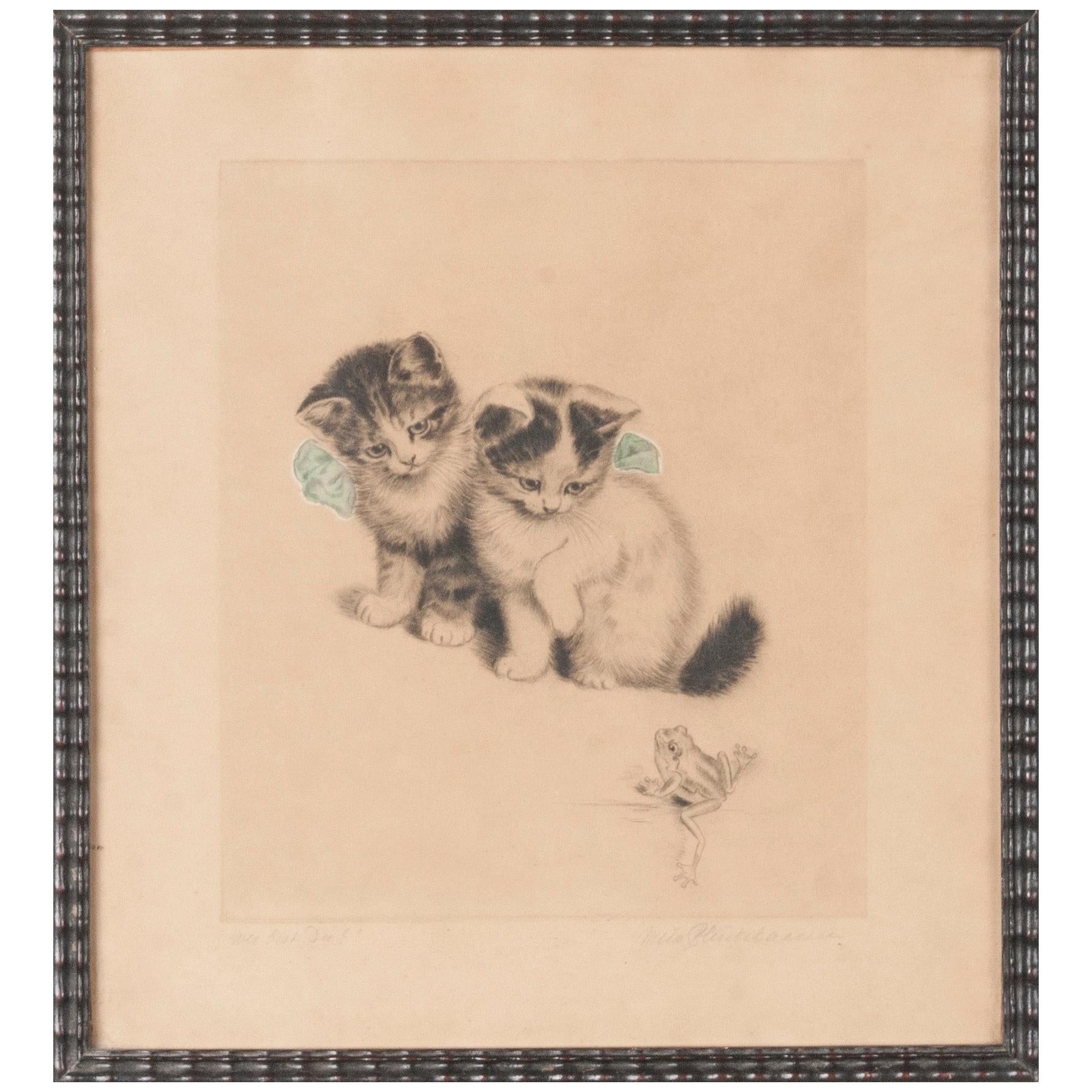 Early 20th Century Lithograph Young Cats by Meta PLÜCKEBAUM