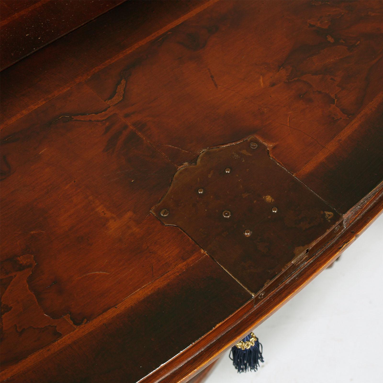 Hand-Carved 1920s Lombard Secretary Desk Commode in Walnut & Burl Veneer, Threaded Maple For Sale