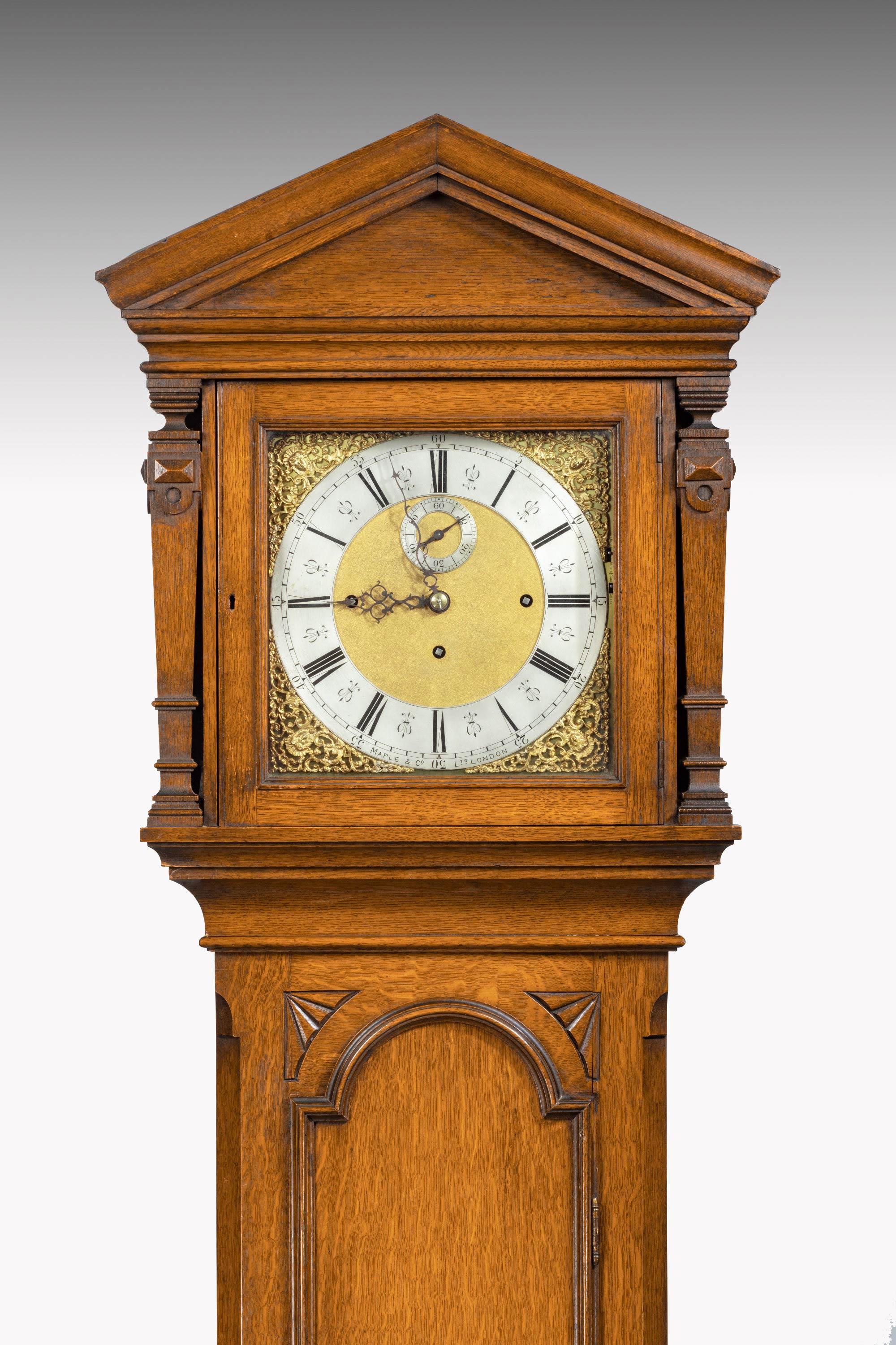 Early 20th century longcase maples and company clock from Grimshaw Baxter & Elliott catalogue 1922. This clock would have cost £127 when new. Grimshaw Baxter & Elliott made clocks for Maples (Croydon factory) With 8 bells Whittington chime but 4