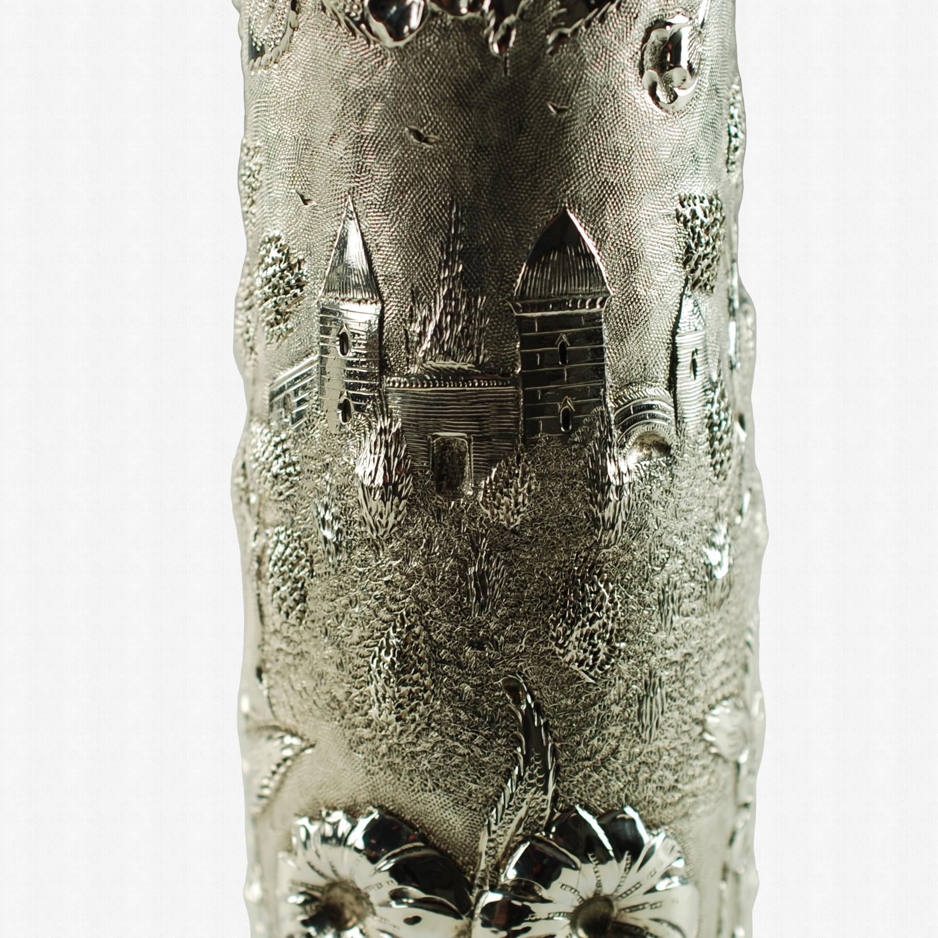 Repoussé Early 20th Century Loring Andrews Sterling Silver Repousse Castle Pattern Vase