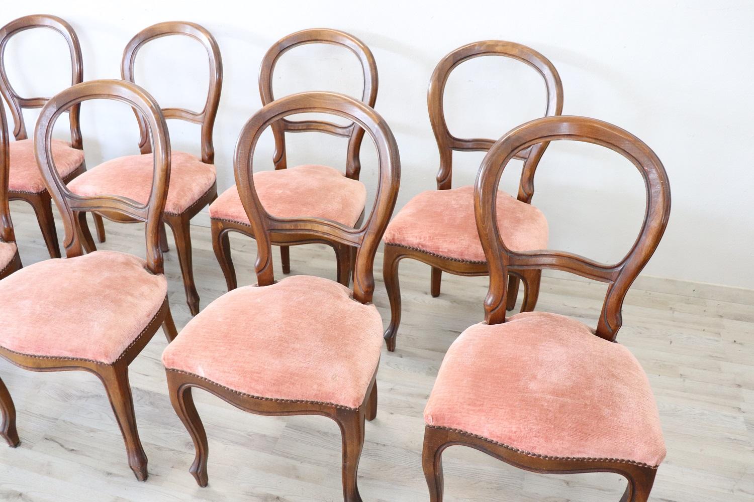 Italian Early 20th Century Louis Philippe Style Beech Wood Set of Ten Chairs with Velvet
