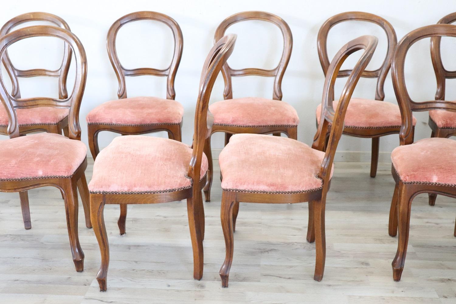 Early 20th Century Louis Philippe Style Beech Wood Set of Ten Chairs with Velvet In Good Condition In Casale Monferrato, IT