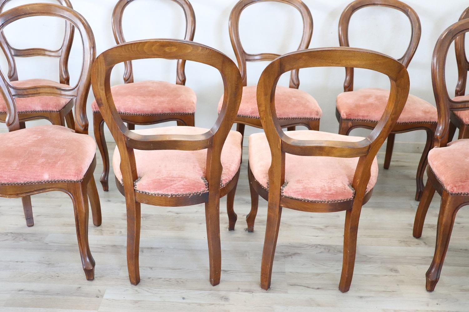Mid-20th Century Early 20th Century Louis Philippe Style Beech Wood Set of Ten Chairs with Velvet