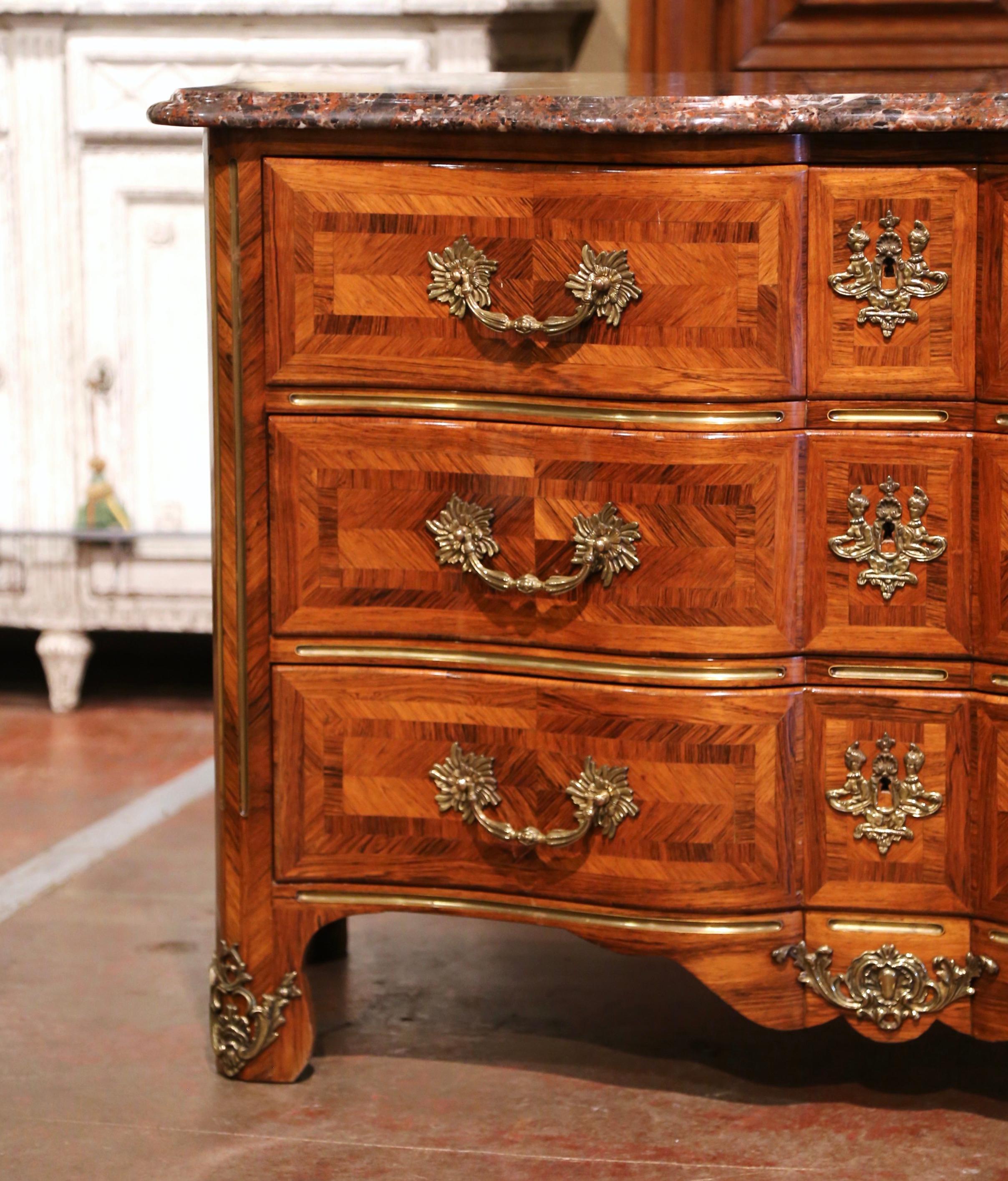 French Early 20th Century Louis XIV Carved Marquetry Walnut and Marble Commode Chest For Sale