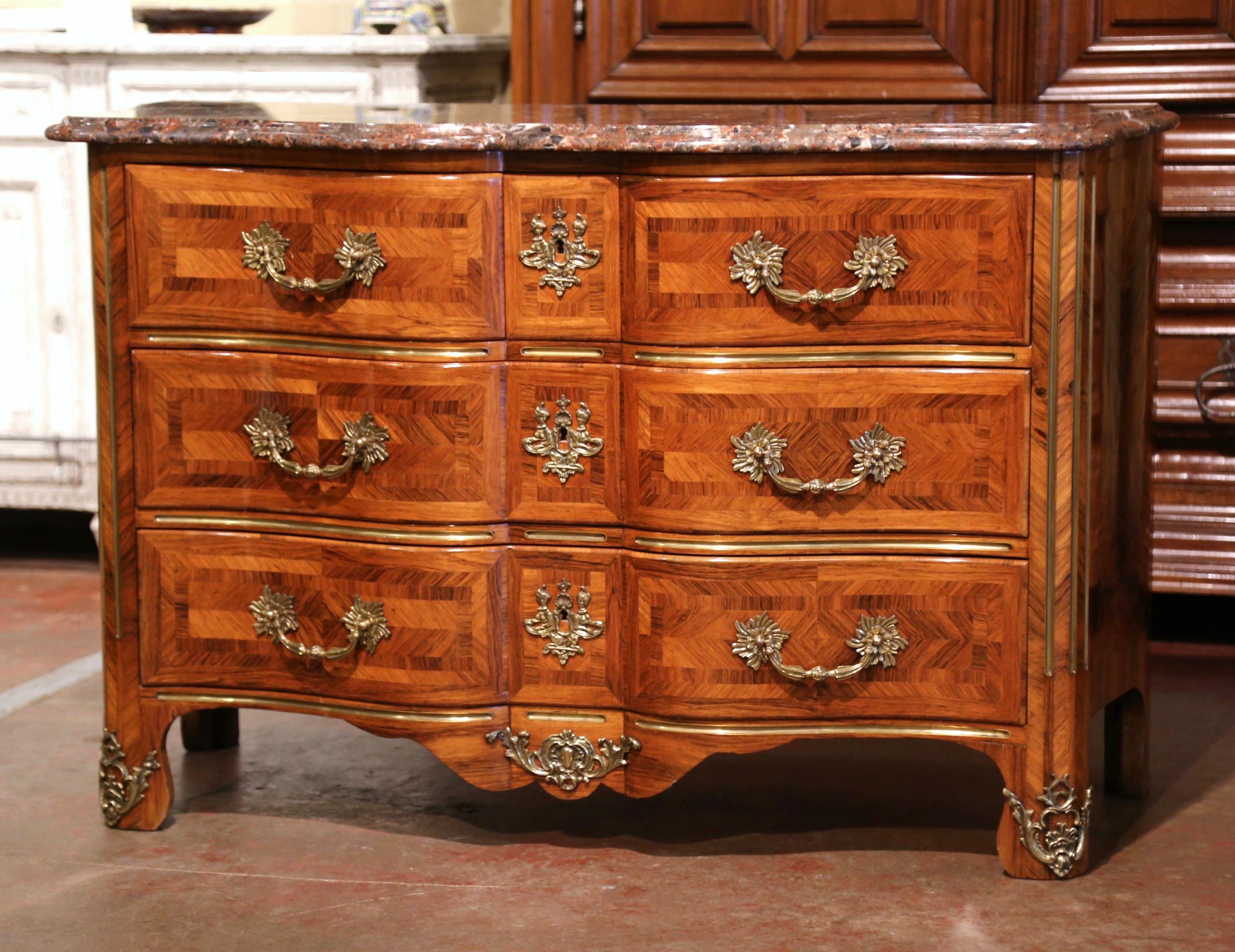 Early 20th Century Louis XIV Carved Marquetry Walnut and Marble Commode Chest In Excellent Condition For Sale In Dallas, TX