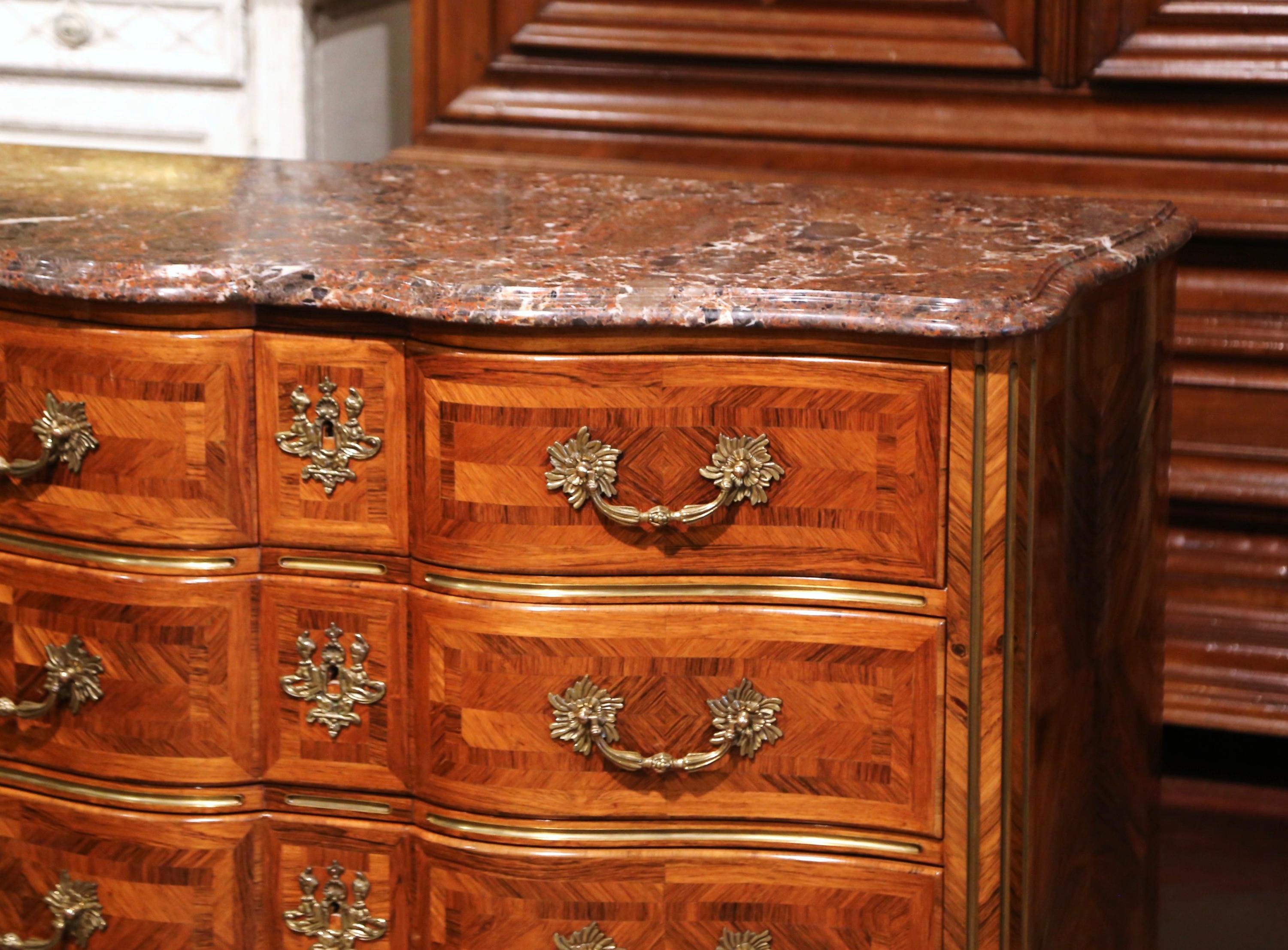 Bronze Early 20th Century Louis XIV Carved Marquetry Walnut and Marble Commode Chest For Sale
