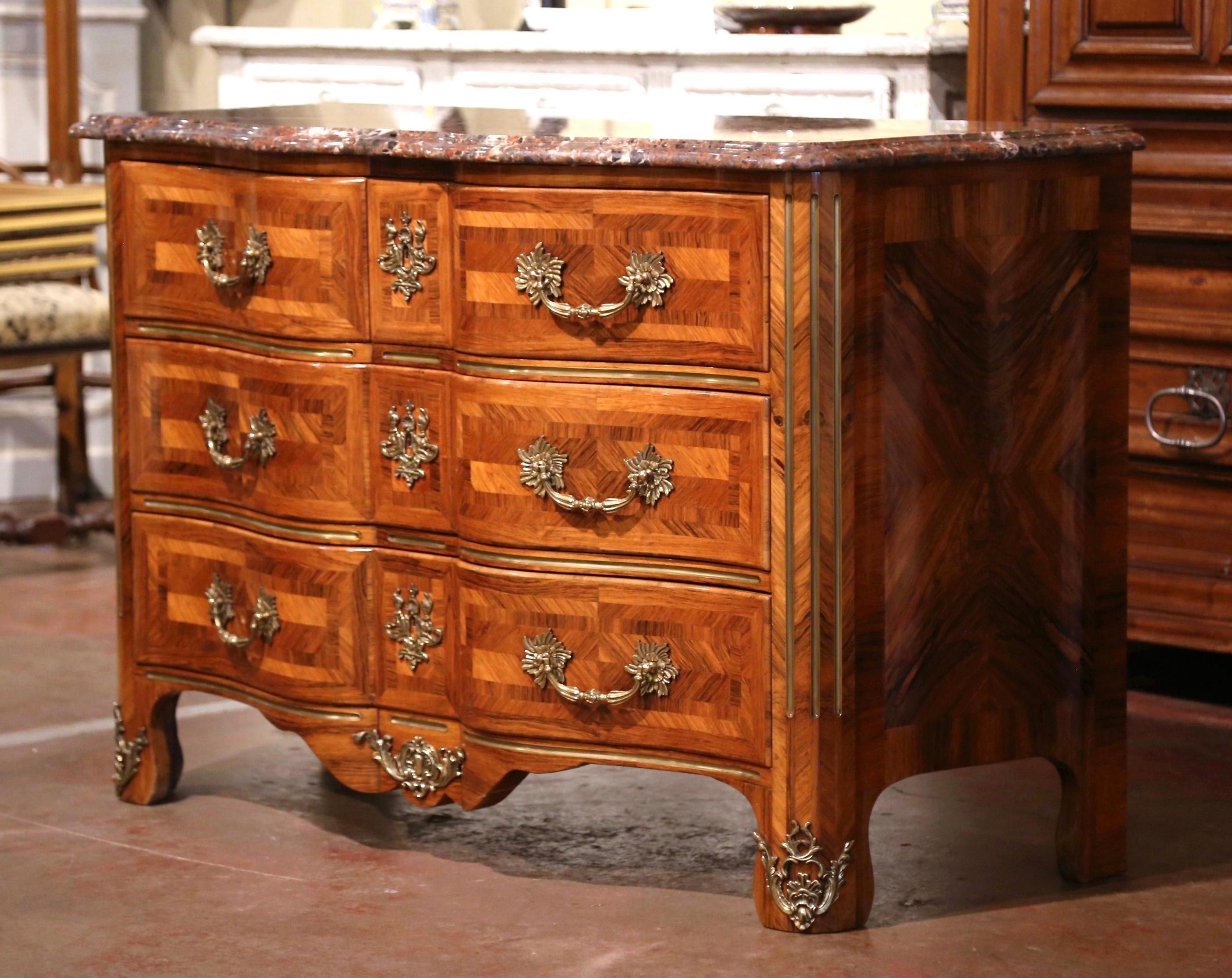 Early 20th Century Louis XIV Carved Marquetry Walnut and Marble Commode Chest For Sale 1