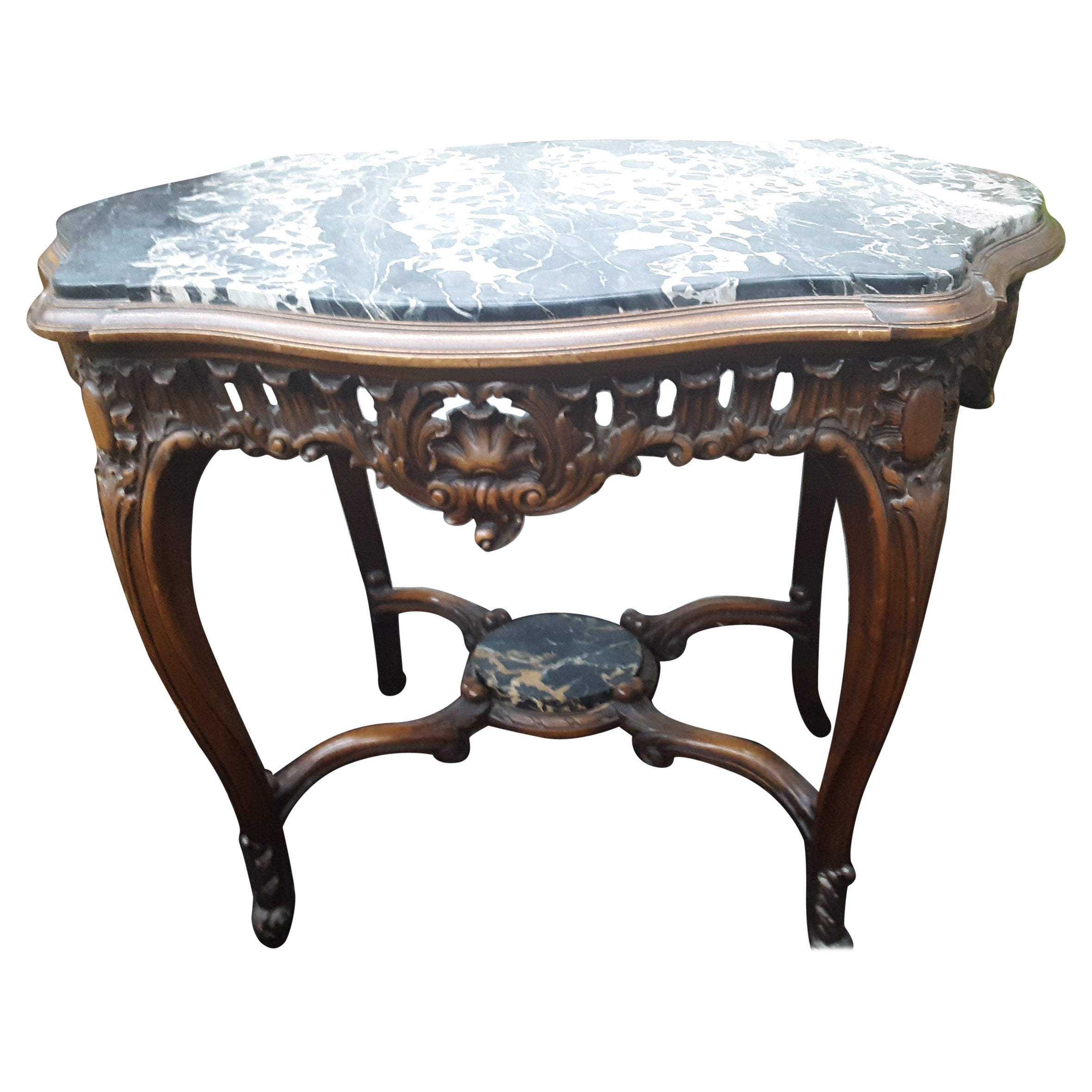 Early 20th Century Louis XV Black Marble Double Level Side Table Regency Shell For Sale