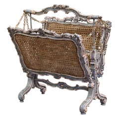 Antique Early 20th Century Louis XV Carved Painted & Cane Canterbury Magazine Rack