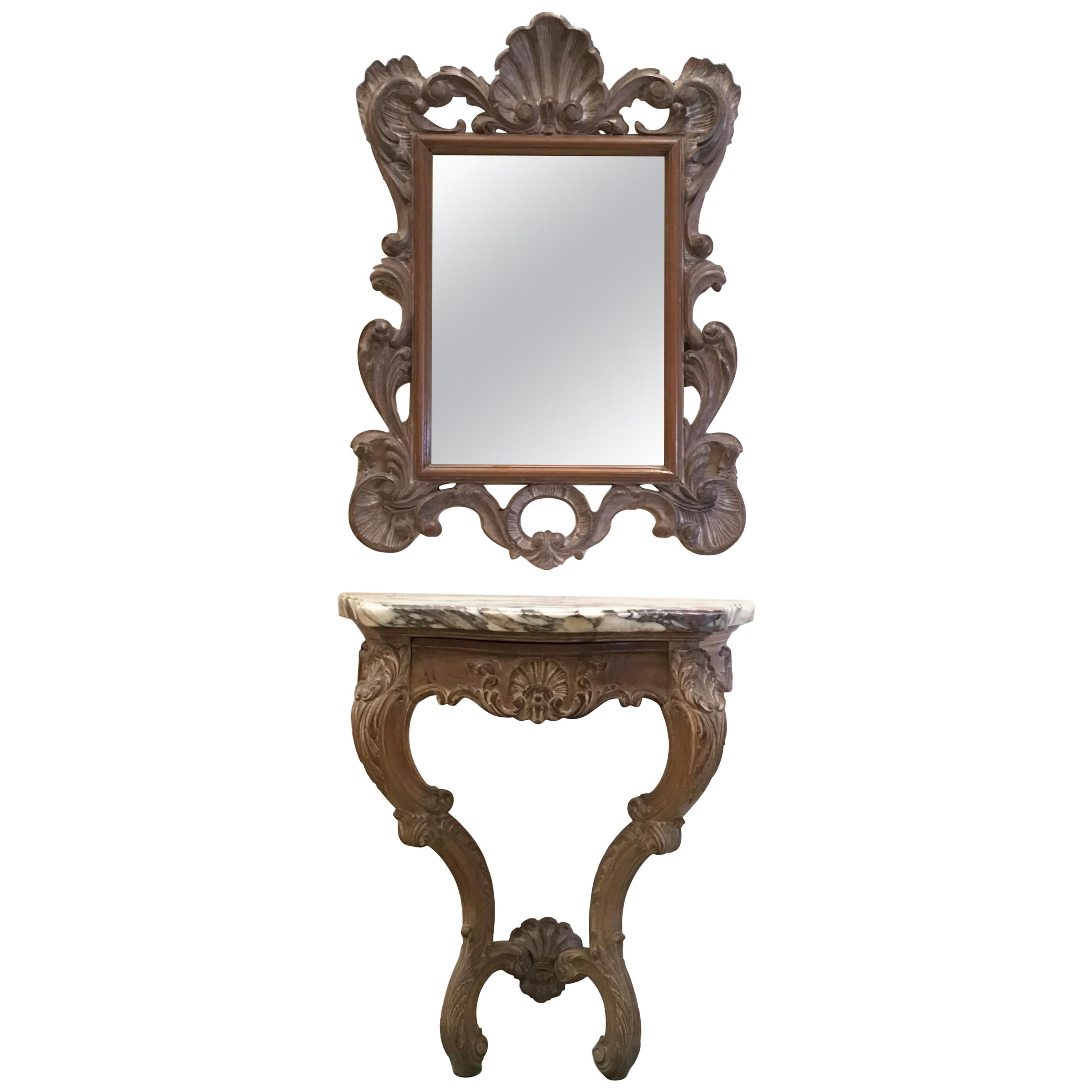Early 20th Century Louis XV Carved Patinated Wall Hanging Console and Mirror