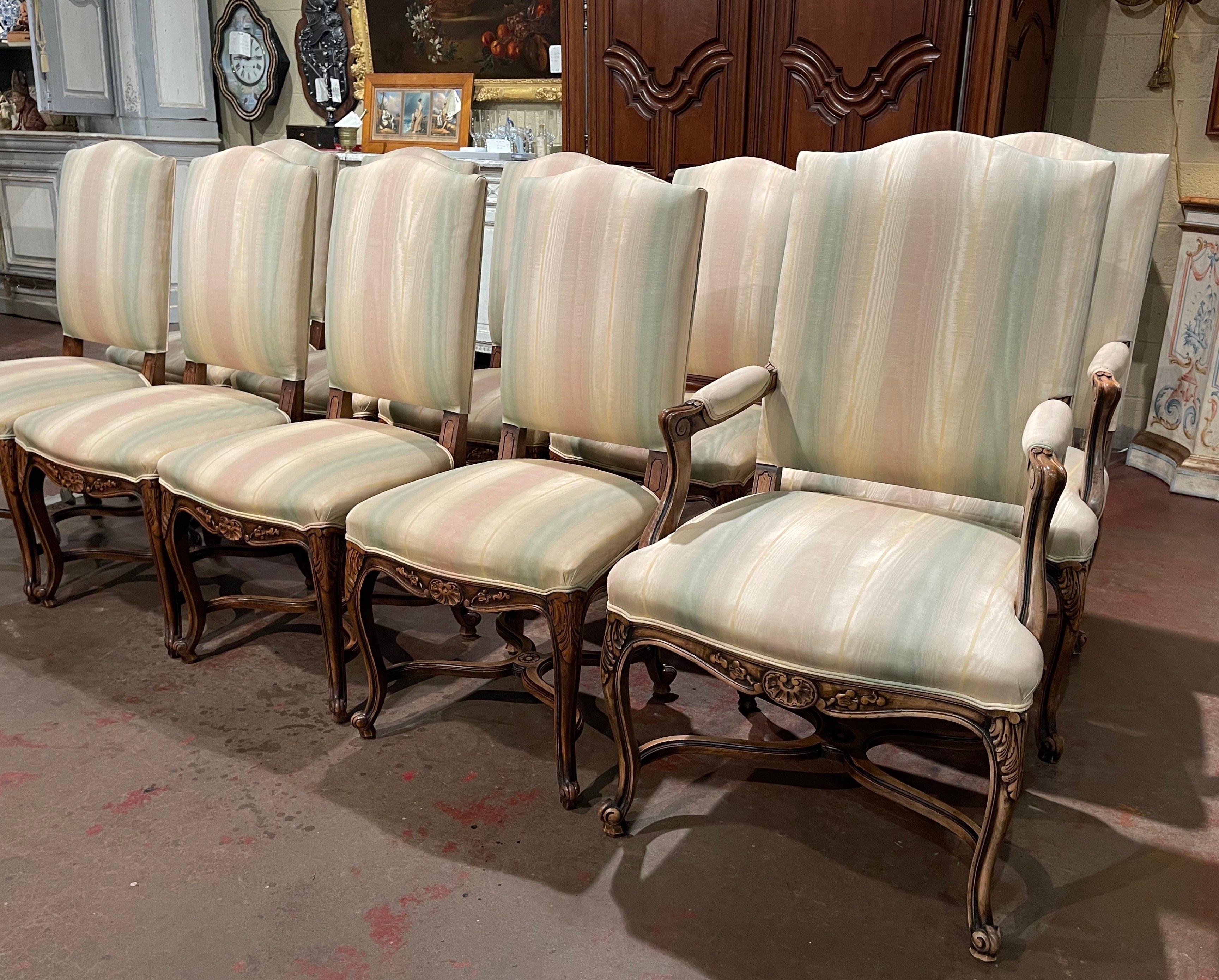 French Early 20th Century Louis XV Carved Walnut Dining Chairs and Armchairs-Set of 10 
