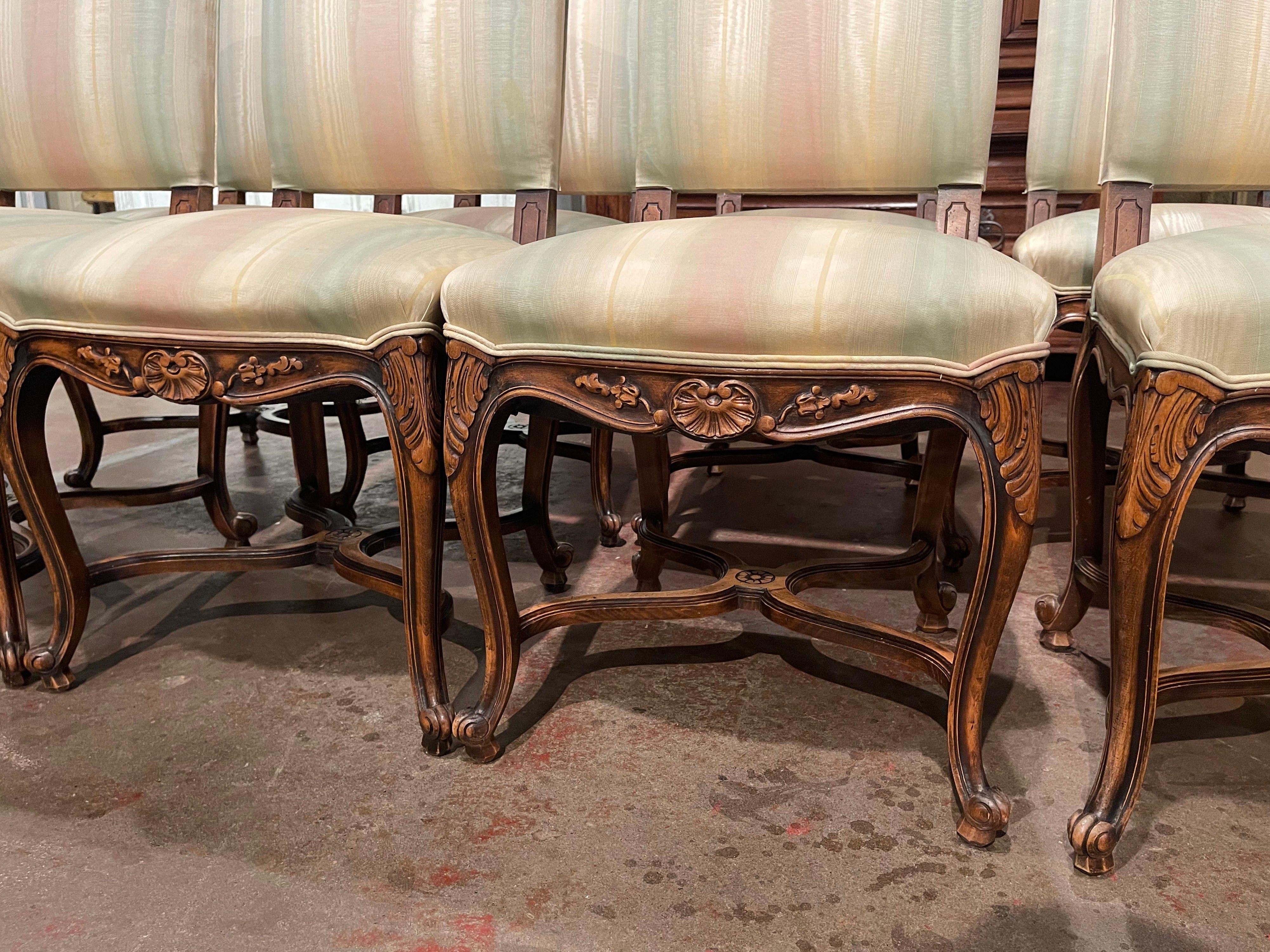 Patinated Early 20th Century Louis XV Carved Walnut Dining Chairs and Armchairs-Set of 10 