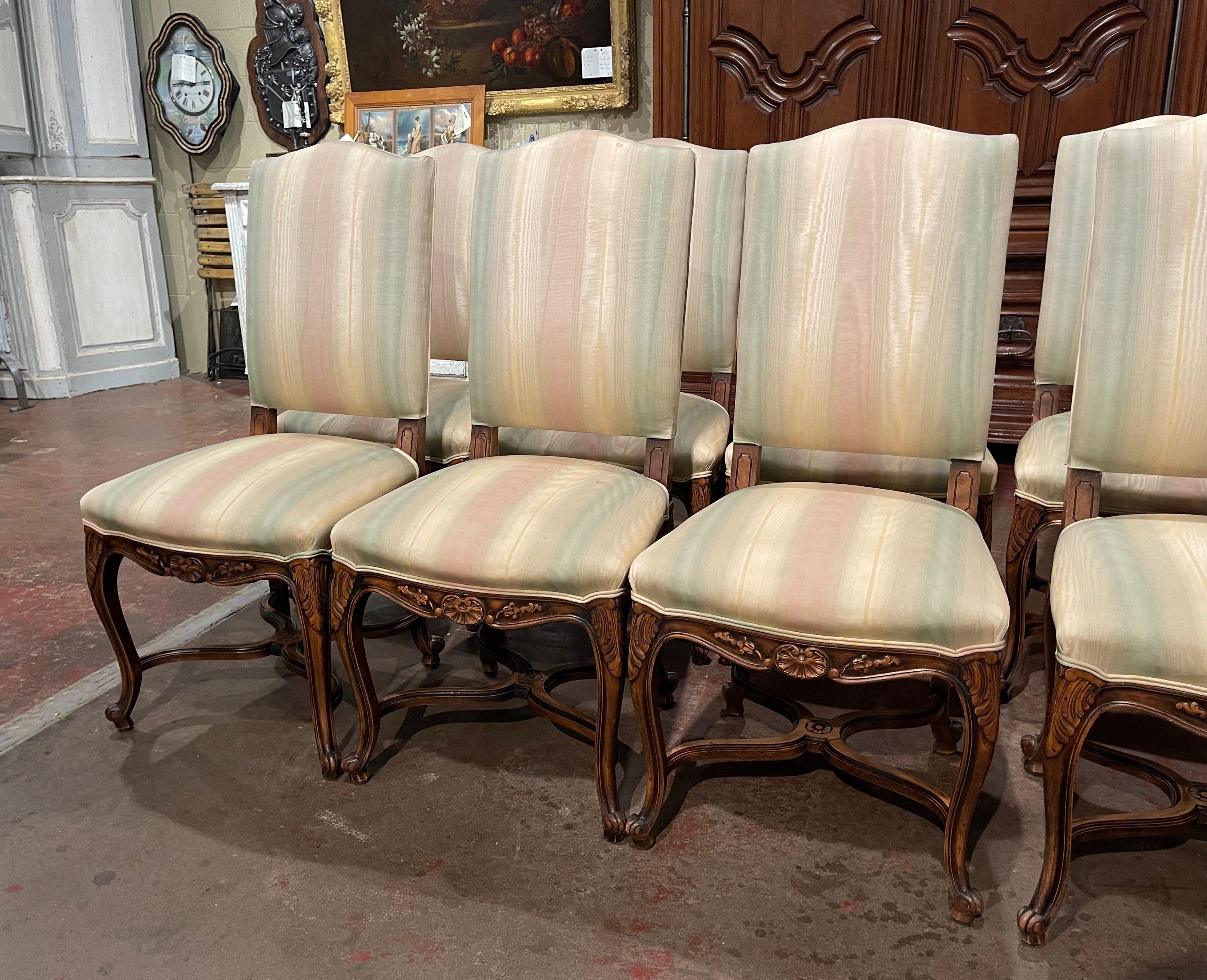 Silk Early 20th Century Louis XV Carved Walnut Dining Chairs and Armchairs-Set of 10 