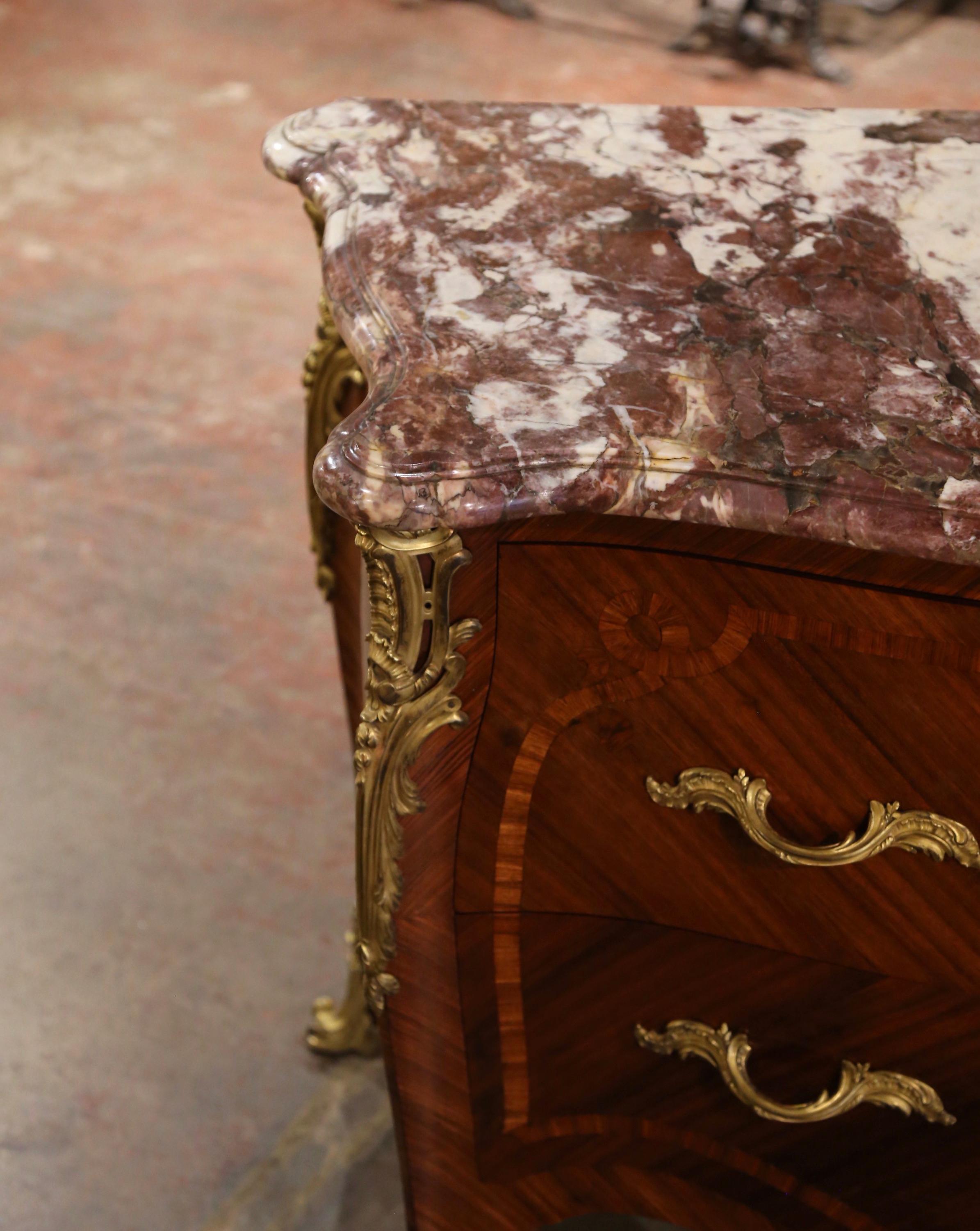 Early 20th Century Louis XV Marble Top Marquetry & Ormolu Bombe Chest of Drawers For Sale 4